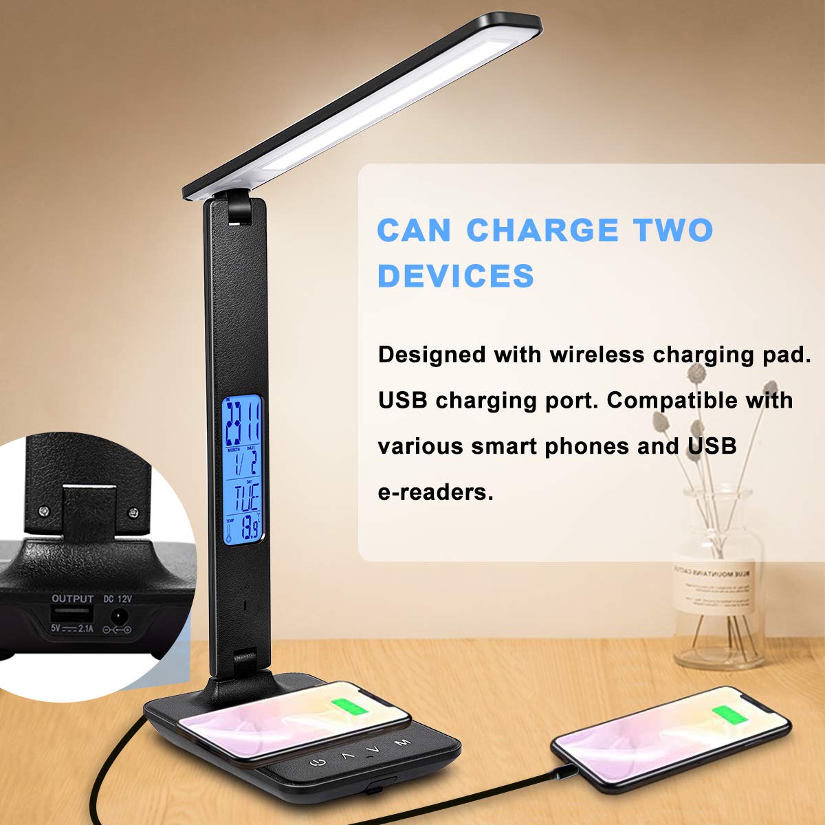 XIZDDL LED Desk Lamp with Wireless Charger, USB Port, Built-in Clock, Black, Model NIVEOLI