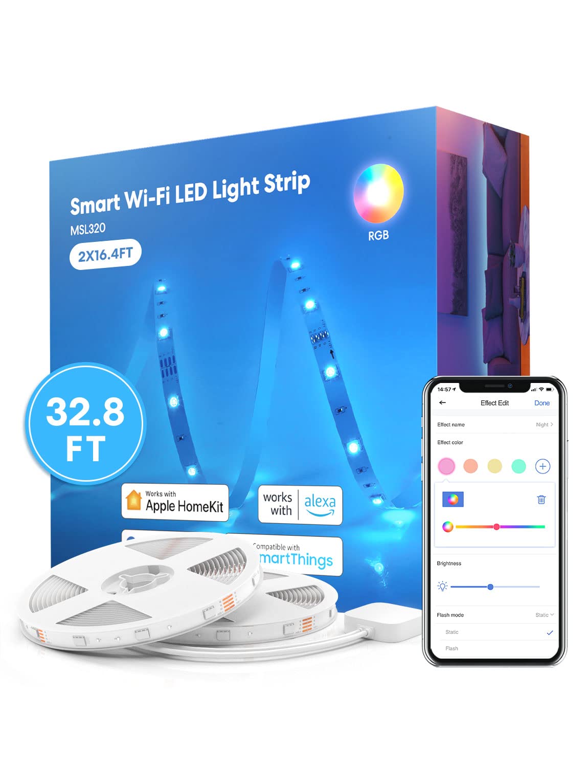 meross Smart LED Strip Lights, 32.8ft WiFi RGB Strip, Works with Apple HomeKit, Siri, Alexa&Google and SmartThings, App Control,