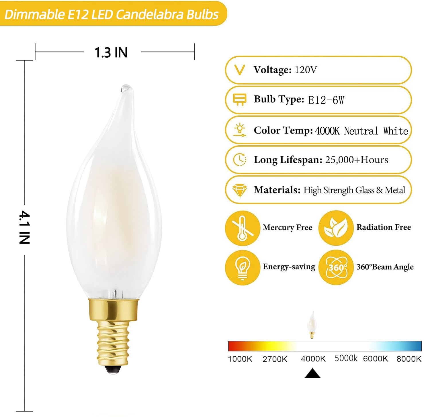 Homosum E12 Led Bulb 60 Watt, Frosted Candelabra Led Light Bulbs, Dimmable Chandelier Light Bulbs, Neutral White 4000K,6W, Ac120