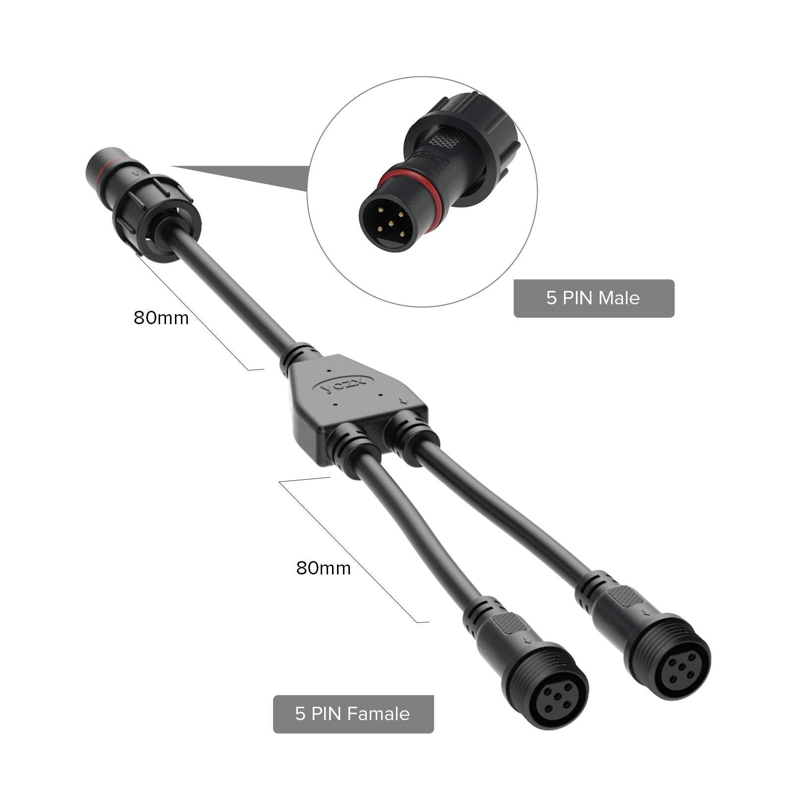 Btf-Lighting 5 Core 5Pin Big Size Ip65 Y Shape 1 Male Divided 2 Female Splitter Connector Black Plastics 0.32Mm/22Awg 22Mm Nut 1