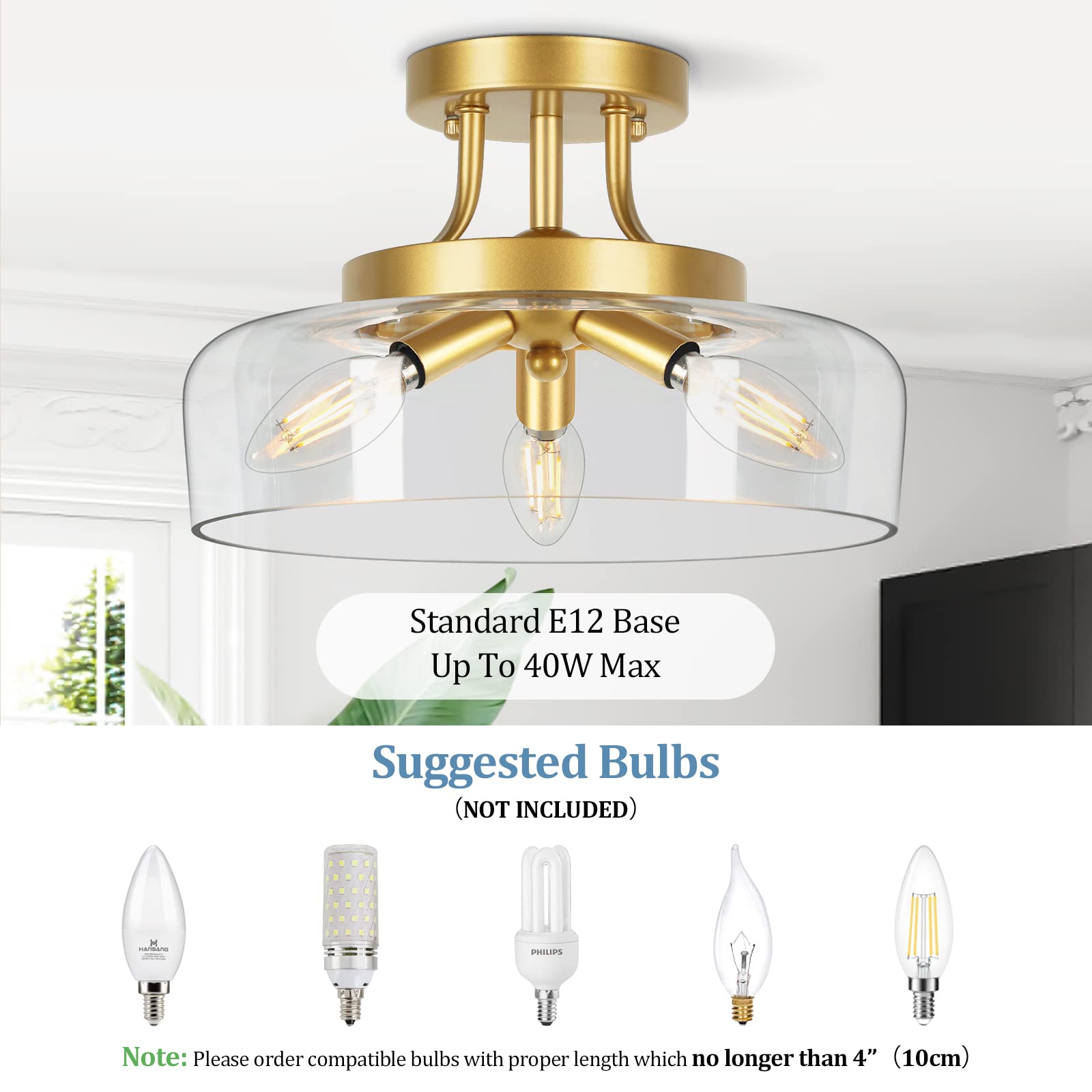 Tobusa 3-Light Gold Semi Flush Mount Ceiling Light With Glass Shade For Living Room And Kitchen