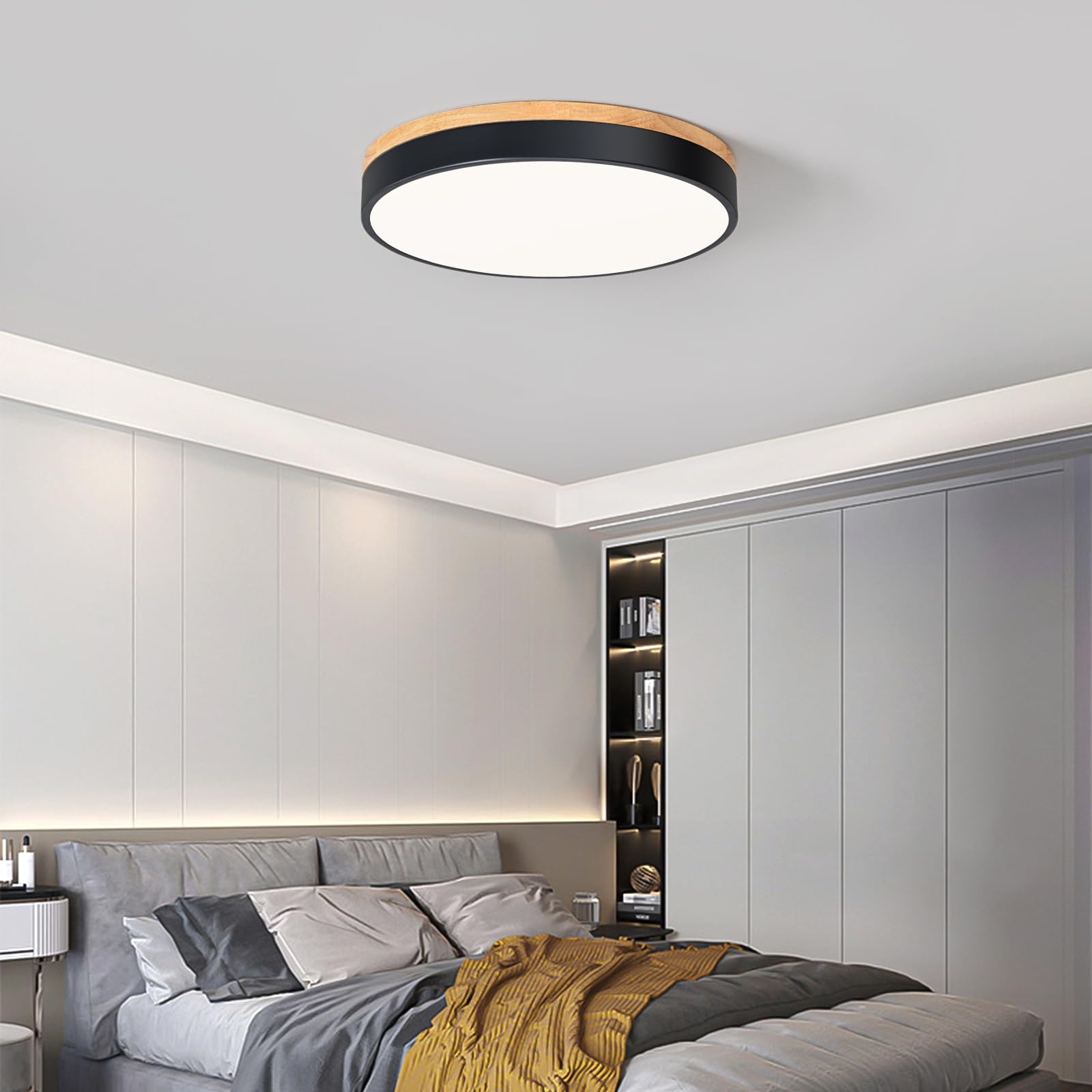 Vikaey Modern Wood Led Ceiling Light Fixture, Simple Black Flush Mount Ceiling Lights, 4000K Circle Ceiling Fixtures For Living