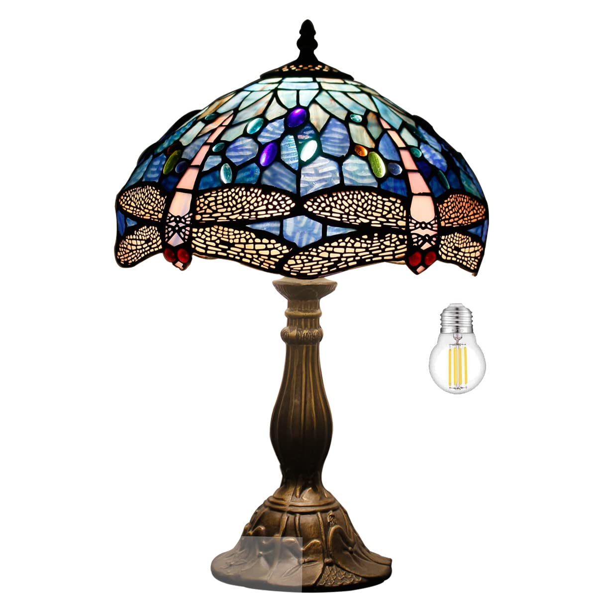 WERFACTORY Tiffany Table Lamp Blue Stained Glass Dragonfly Style Desk Bedside Reading Light 12X12X18 Inches Decor Bedroom Living