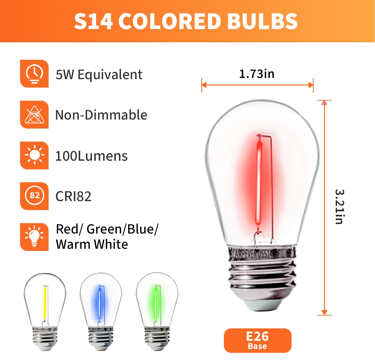 Alampever Halloween 48-Pack Shatterproof & Waterproof S14 Colored Replacement Led String Light Bulbs, Vintage Style, Red/Green/Blue/Warm White, Outdoor 1W Led Bulb, E26 Medium Base, Cri82