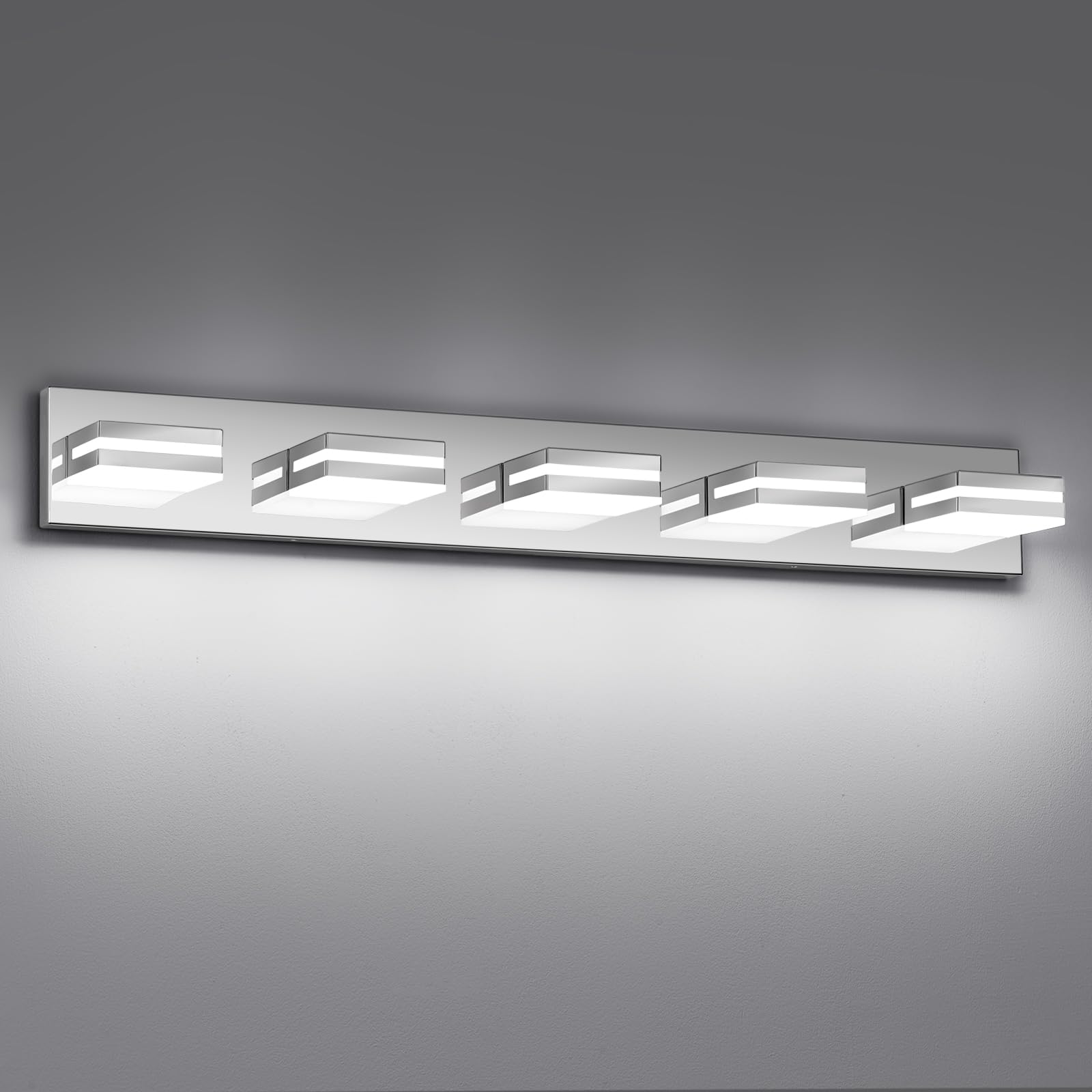 JZEKVN Modern LED Bathroom Lights Fixtures 5-Light Stainless Steel Chrome Acrylic Wall Lighting Vanity Lights for Bathroom Over Mirror 6000k 34in