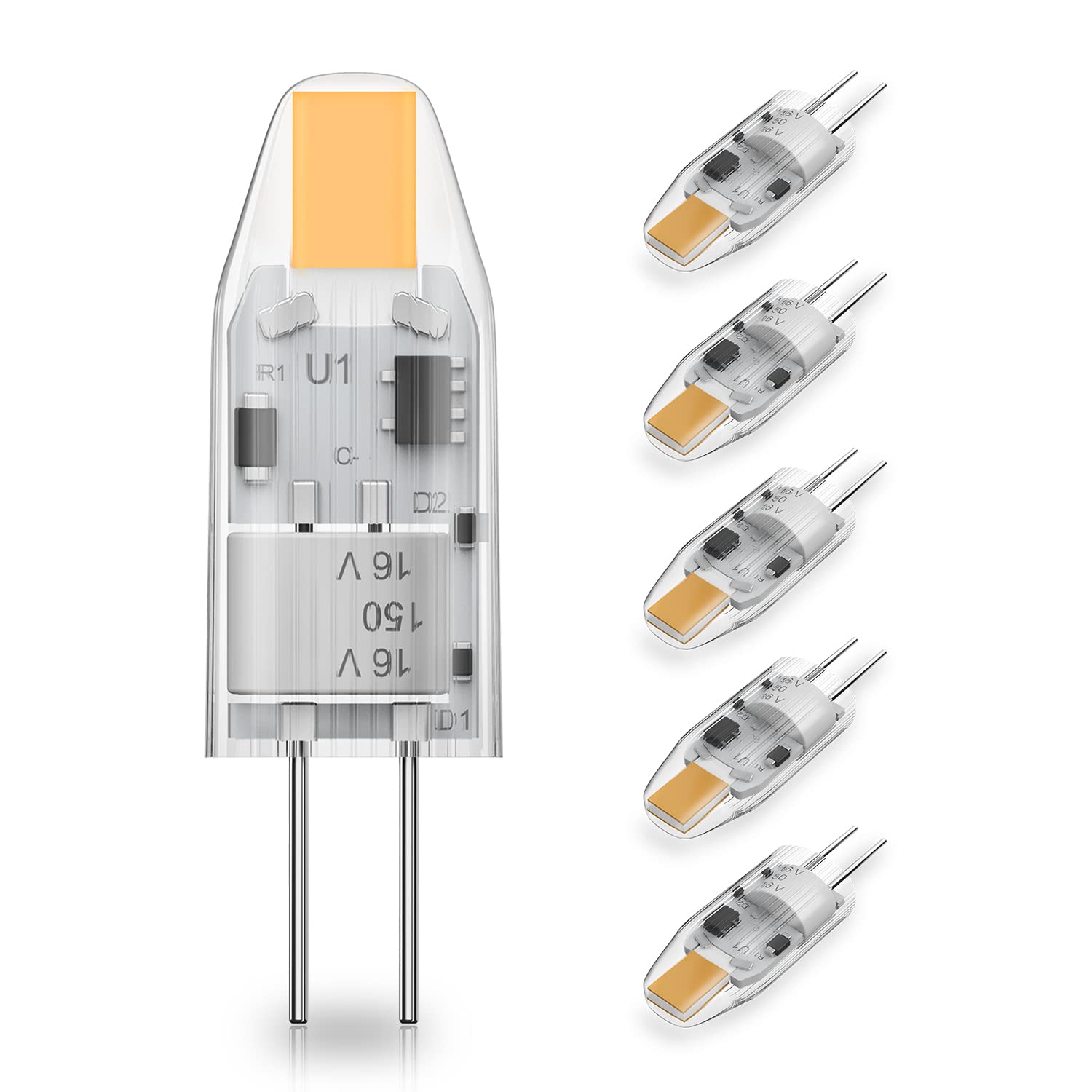 YUIIP G4 LED Bulbs Bi-Pin Base 1.2W 12V 2700K Warm White, Silicone, 5 Pack