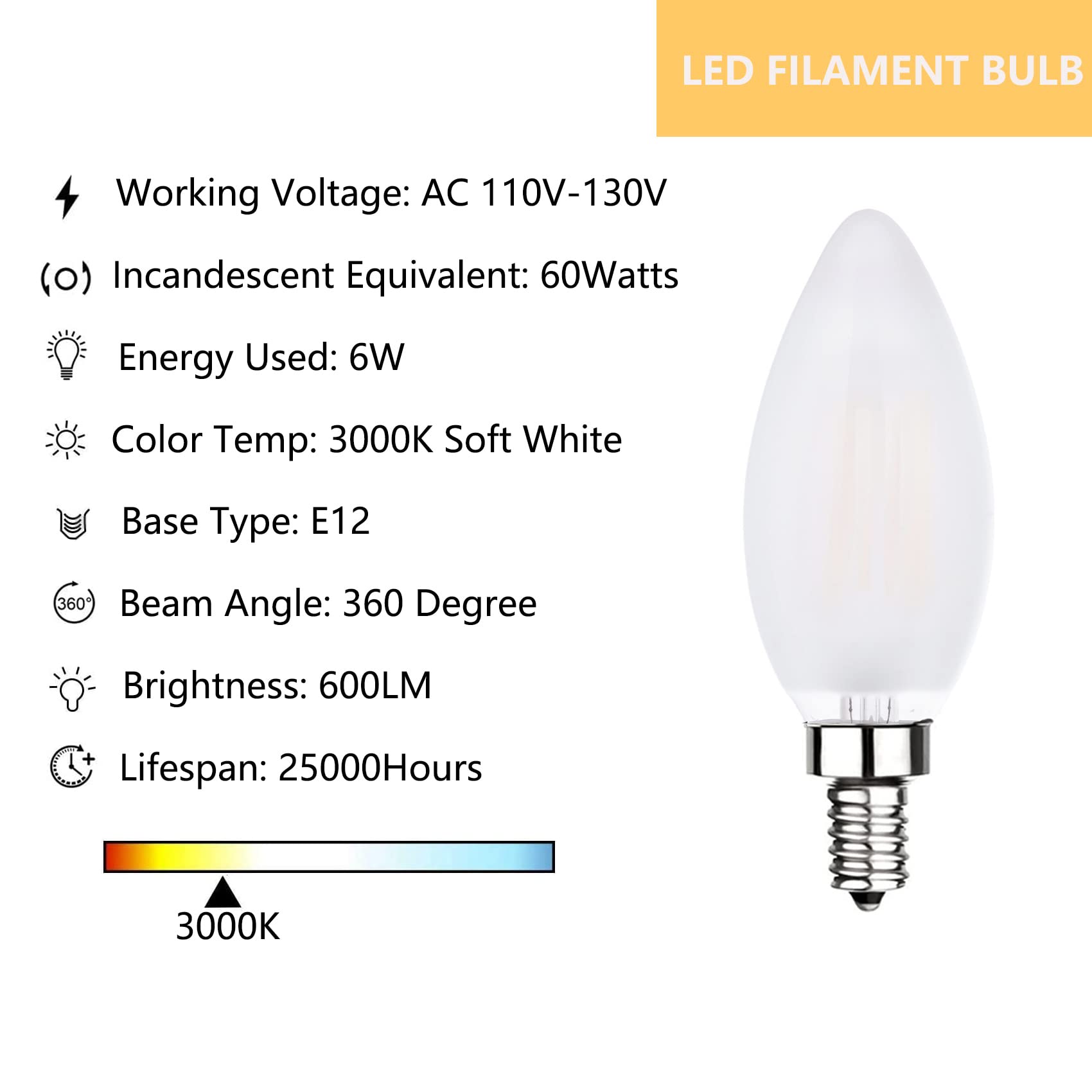 Sunaiony Dimmable Frosted LED Candelabra Bulbs, 60W Equivalent, E12 Base, 3000K, 8 Pack, Glass, Ideal for Chandeliers and Ceiling