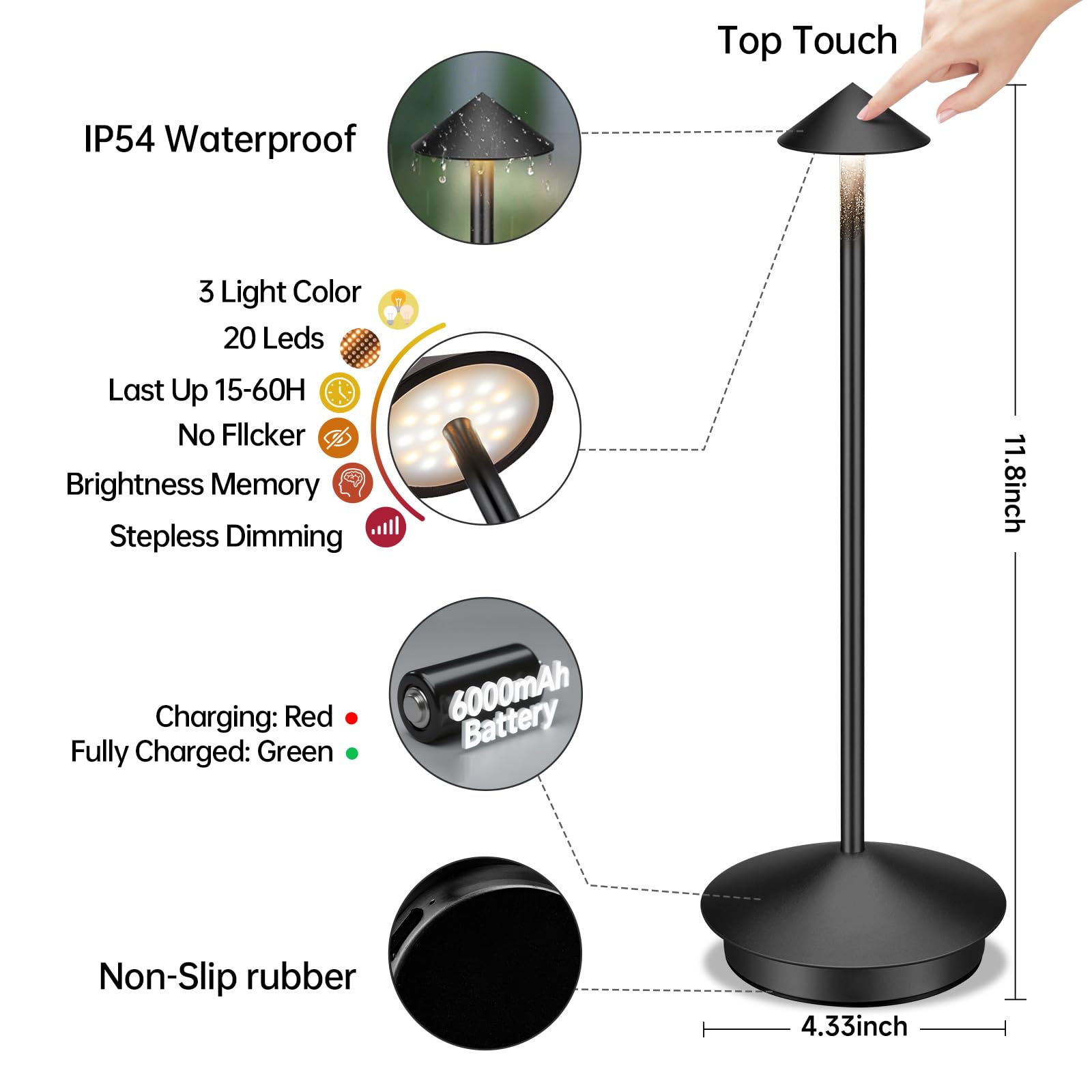 XMINKDZA Portable LED Table Lamp 2 Pack, Rechargeable 6000mAh, Dimmable, IP54 Waterproof, Black
