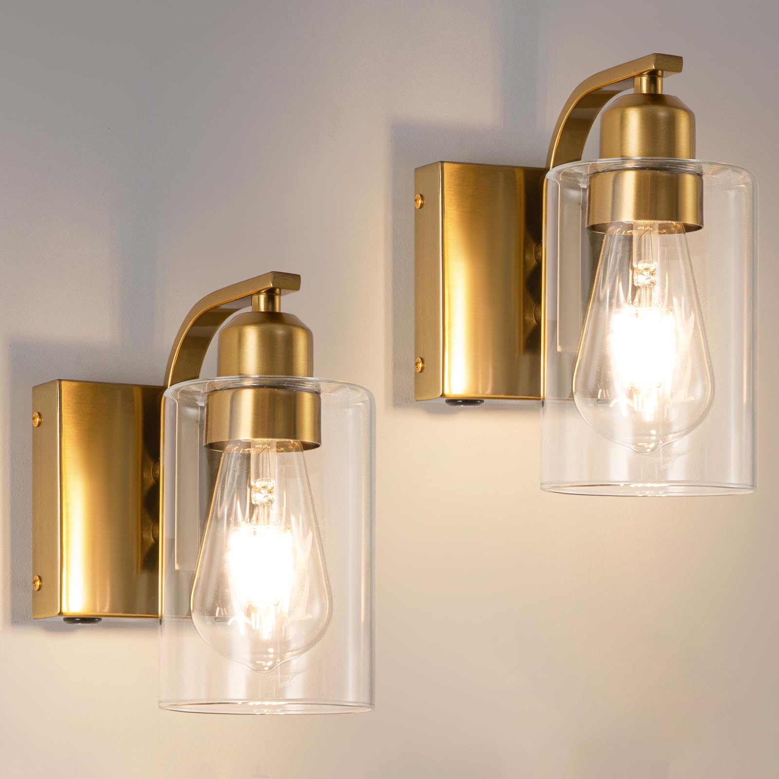 BELS Wall Sconces Set of 2, 8 Inch Gold Battery Operated, Dimmable with Remote, Clear Glass, Model VL-1195WT-GD-2P