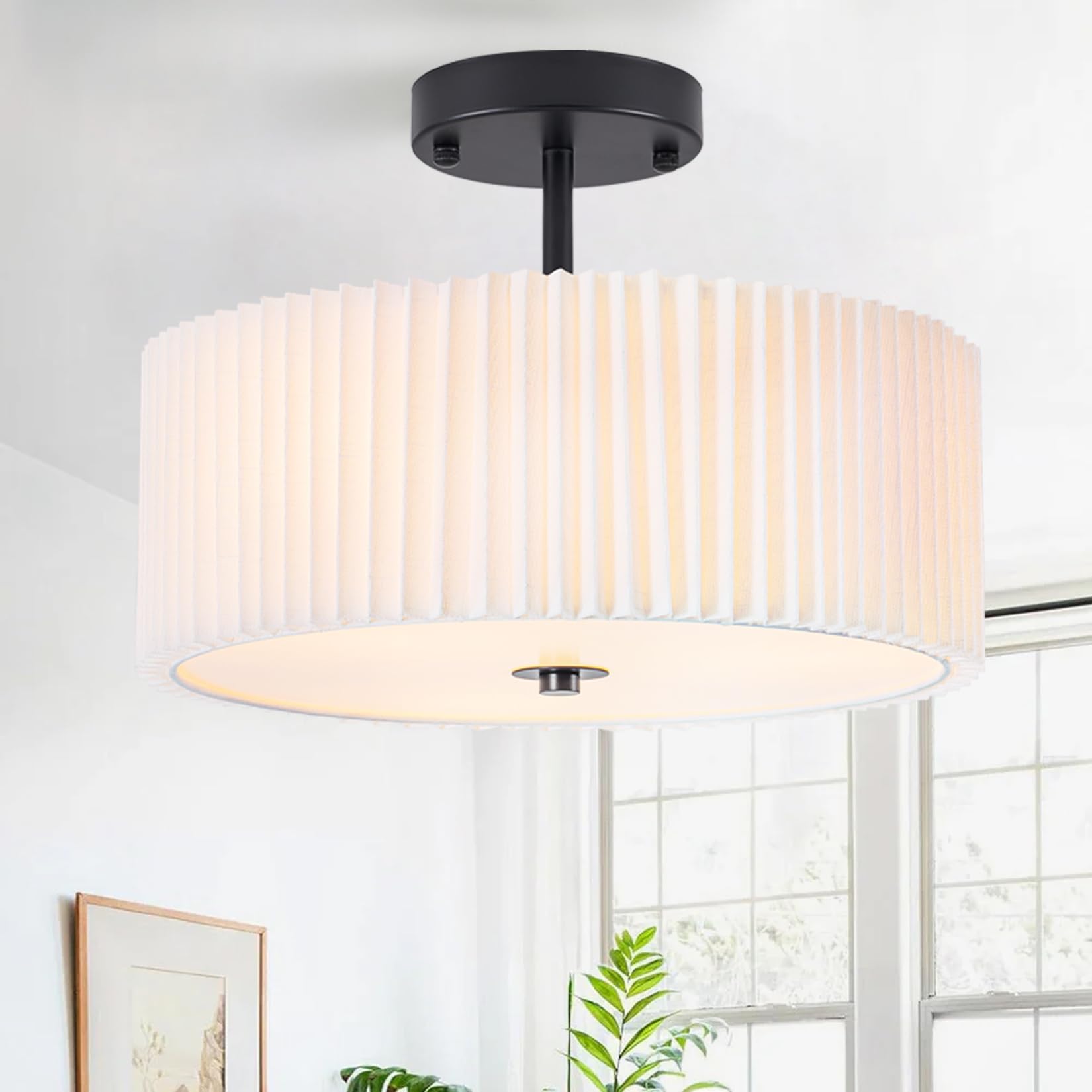 Bargeni Semi Flush Mount Ceiling Light,12.5 inch Ceiling Light Fixture,Black Flush Mount Light Fixture with Pleated Fabric Drum 