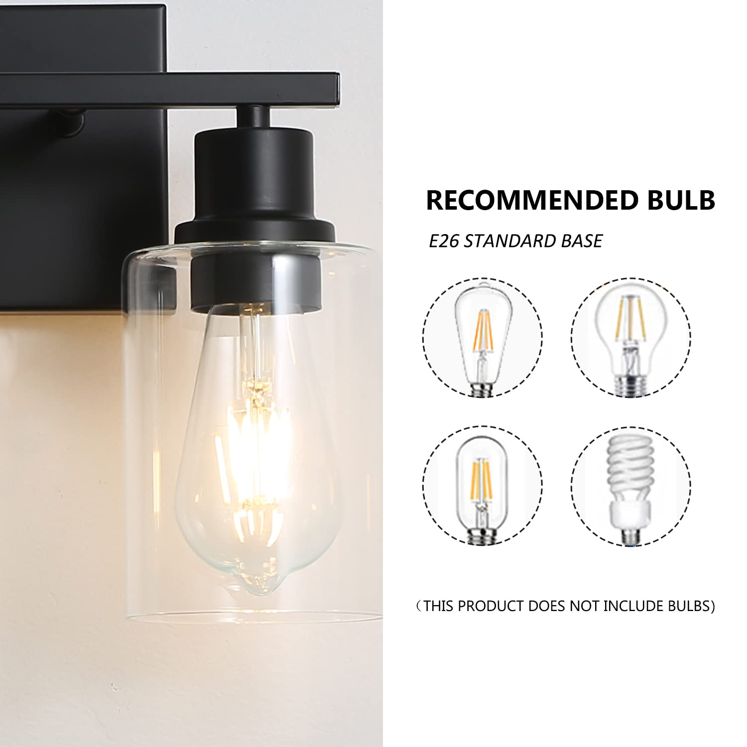 Emong 2-Lights Bathroom Light Fixtures, Matte Black Vanity Light With Glass Shade, Modern Wall Sconces Lighting For Bathroom,Mir