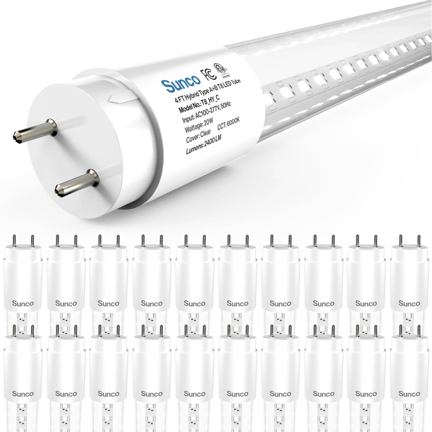 Sunco 20 Pack T8 LED Tubes 4FT, Fluorescent Replacement, Bypass or Plug and Play, 20W 2400 LM, 6000K Daylight Deluxe, Ballast Co