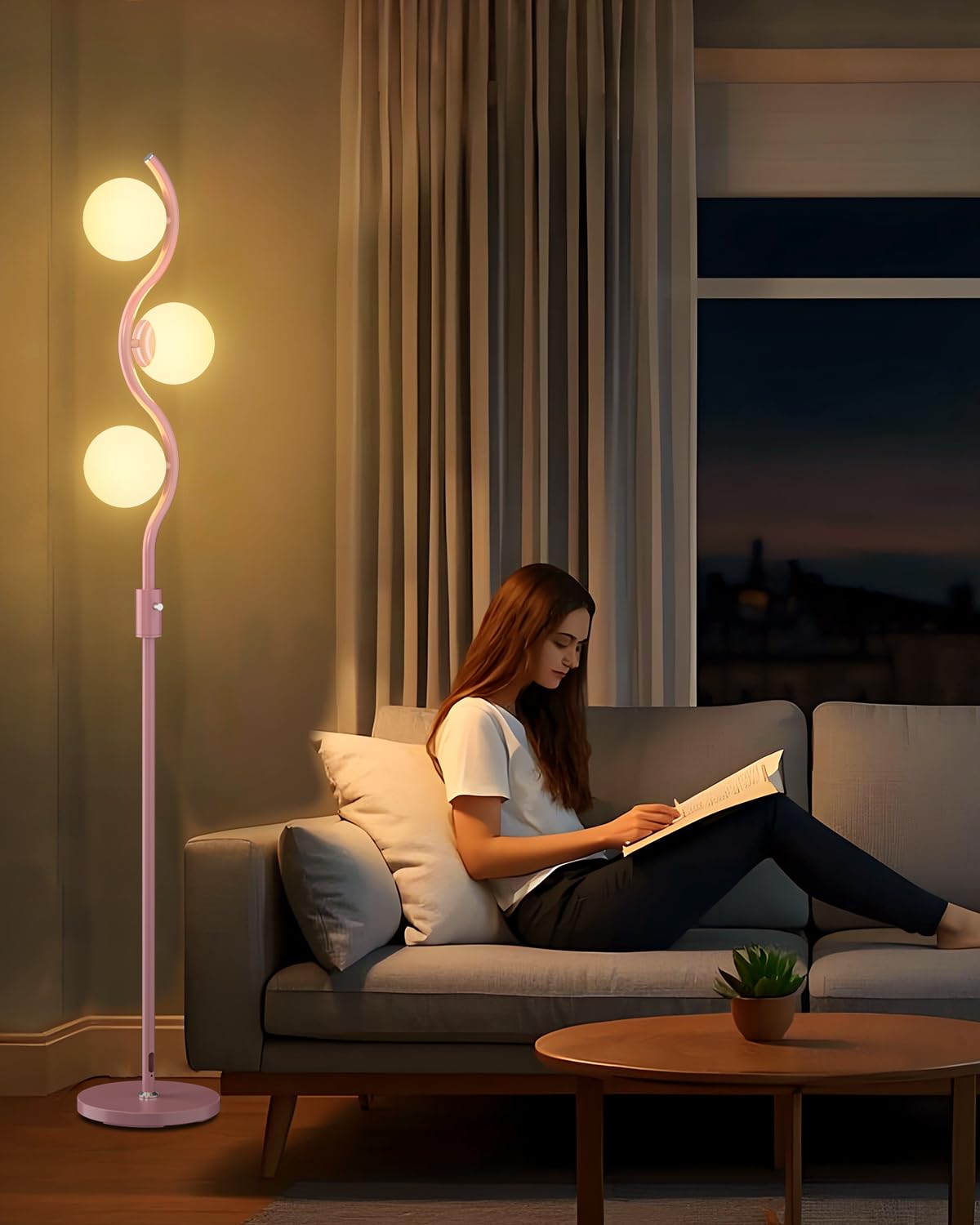 Lightdot 60IN Dimmable Pink Floor Lamp Mid Century Standing Lamps with 3Pcs G9 3000K Warm White Bulbs Stepless Dimming Globe Mod