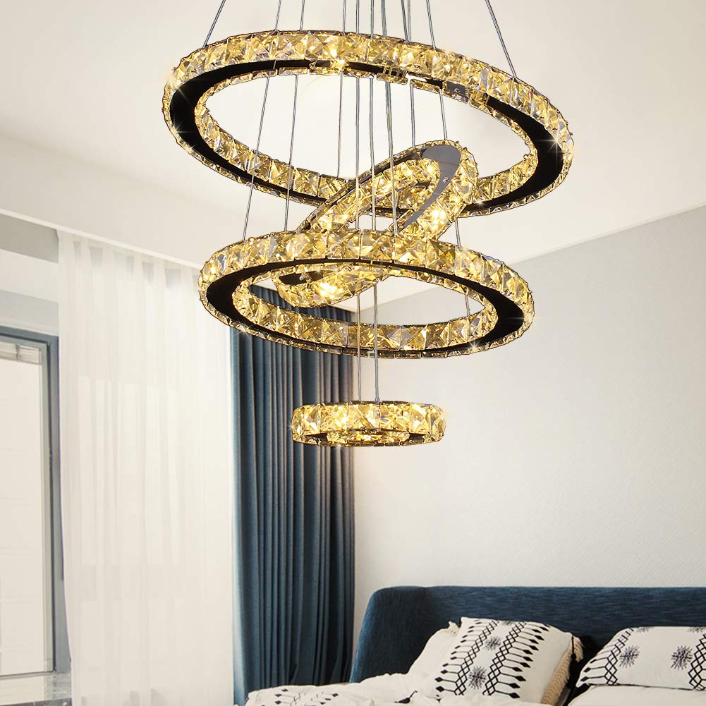Modern Crystal Chandelier, Dining Room Living Room Led Ceiling Pendant Light Contemporary 4 Rings Adjustable Stainless Steel Lig