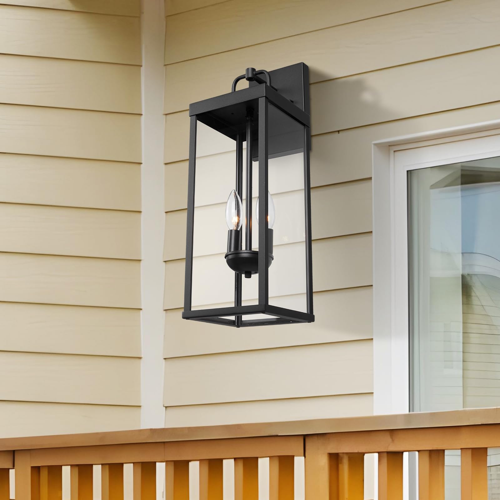 Diyel Outdoor Wall Sconce Lights, 20" Tall Black Powdered Metal Lantern, Modern Design for Porch & Patio, Model RZ008M-2 BK