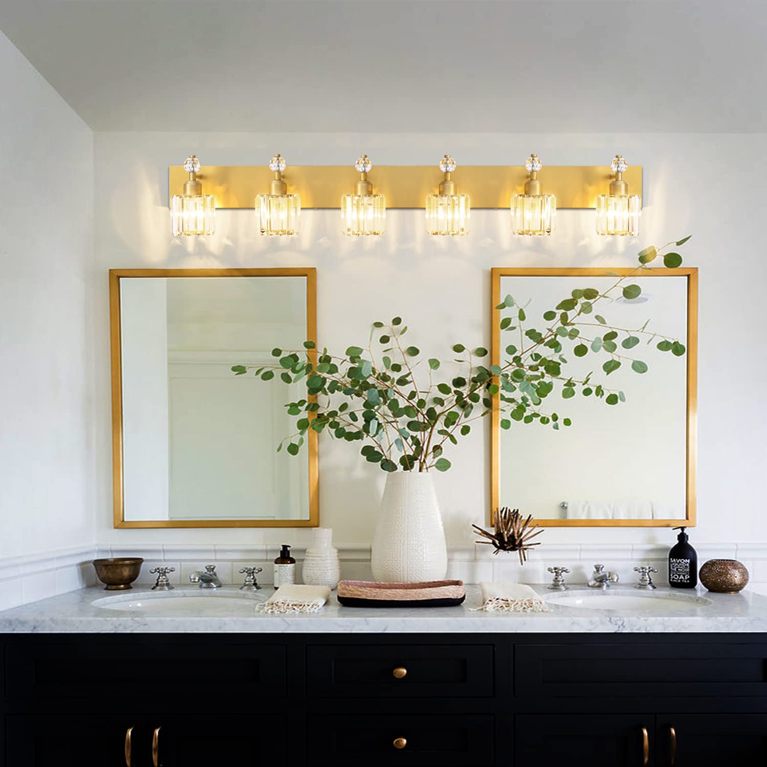 PRESDE 6-Light Bathroom Vanity Light Modern Gold Crystal Fixtures Over Mirror, Stainless Steel, Gold Finish