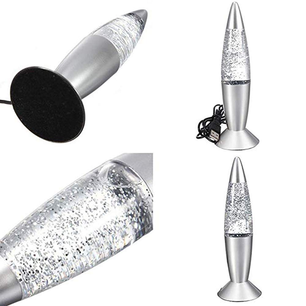 Cdycam Glitter Lava Lamp LED Mini Night Light, 7.28in  Silver Glass with USB Charging Plug, Color Changing for Kids and mature-themeds