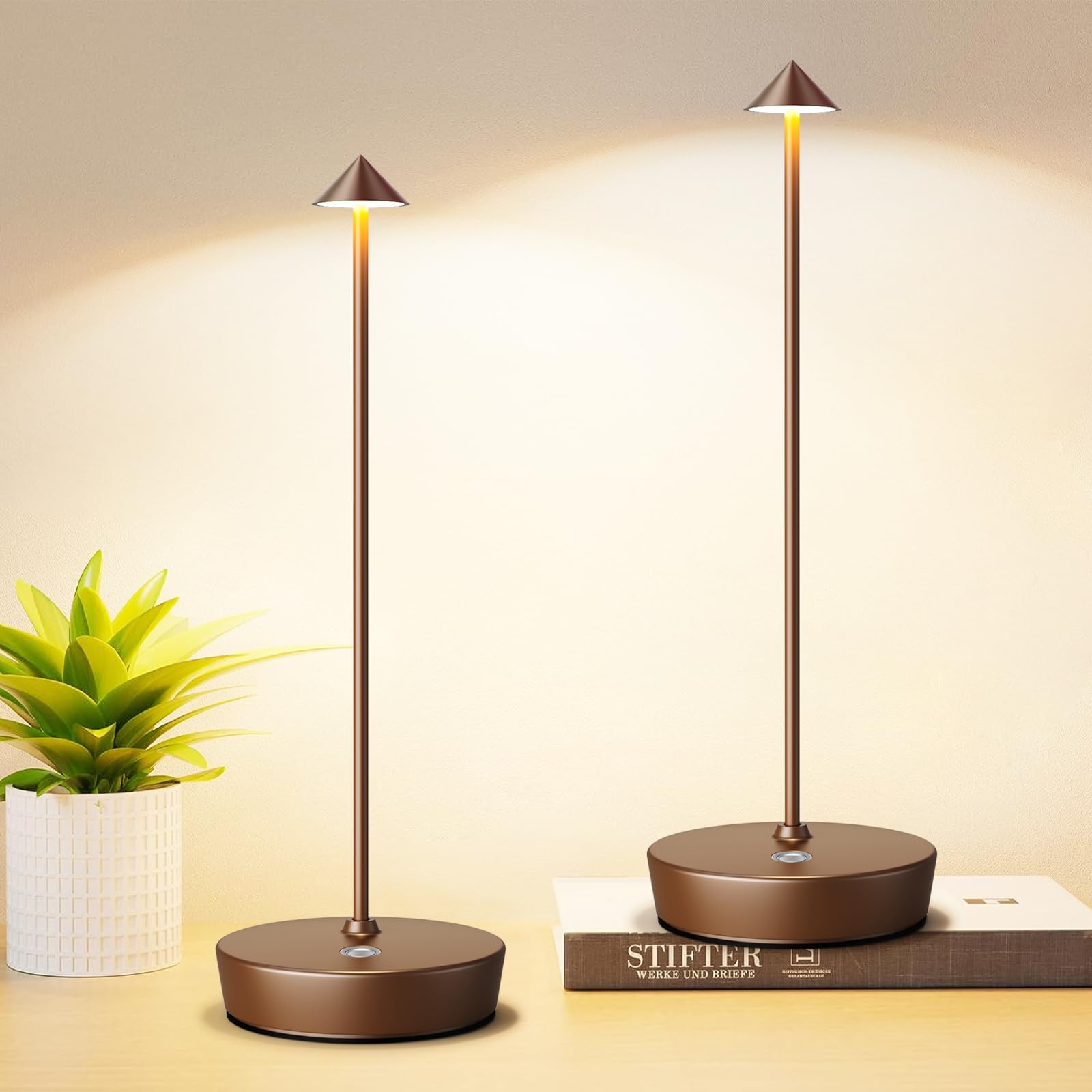 Tpczqj Cordless Table Lamp Set of 2, 6000mAh LED, Touch 3 Color Dimming, 4x4x13 inches, Aluminum, Coffee