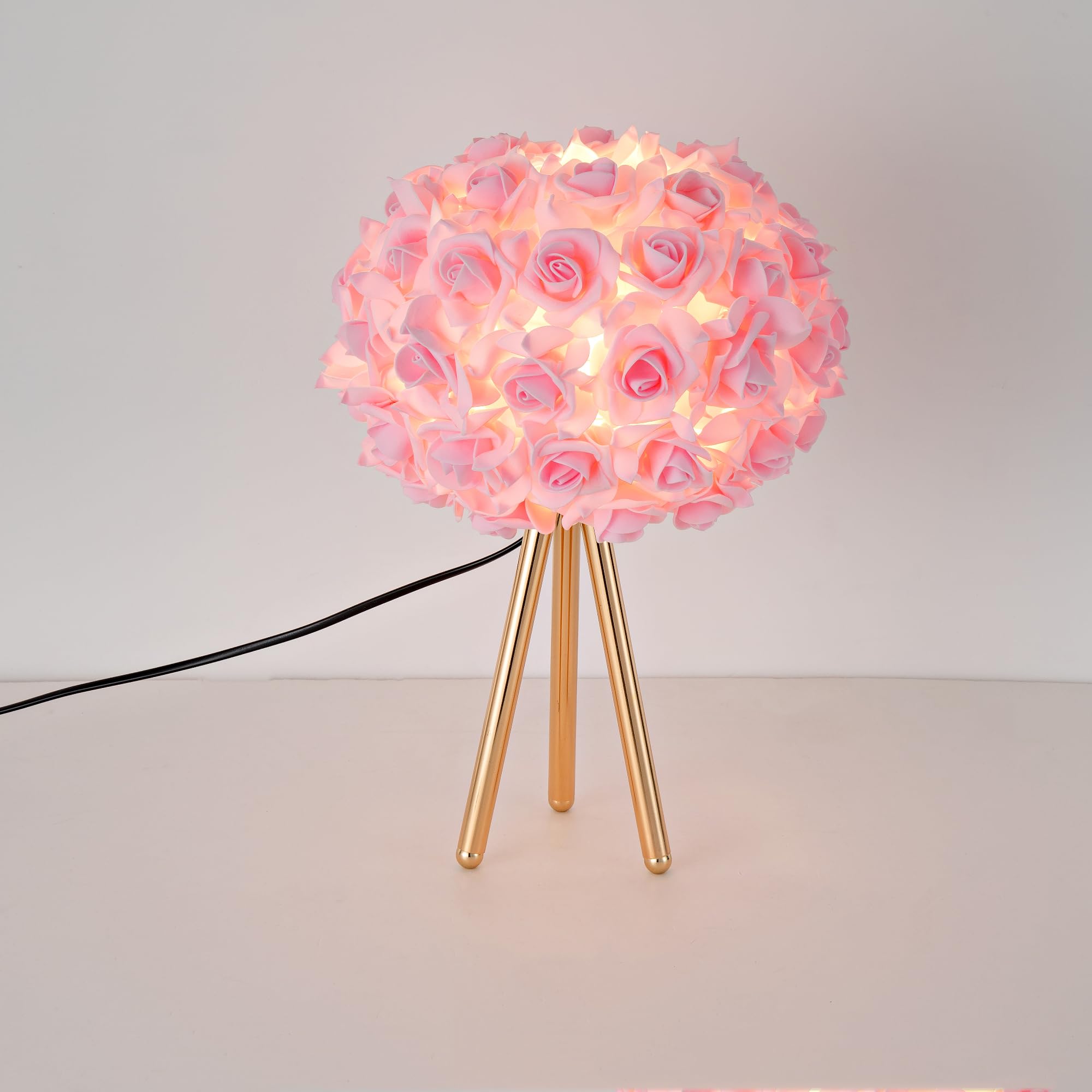 Zyleisenbao Pink Rose Flower Lamp Cute Table Lamp Flower Desk Lamp Floral Bedside Nighstand Light Atmosphere Girls Princess Lamp With Gold Tripod For Bedroom Wedding Christmas Gift Hotel Living Room