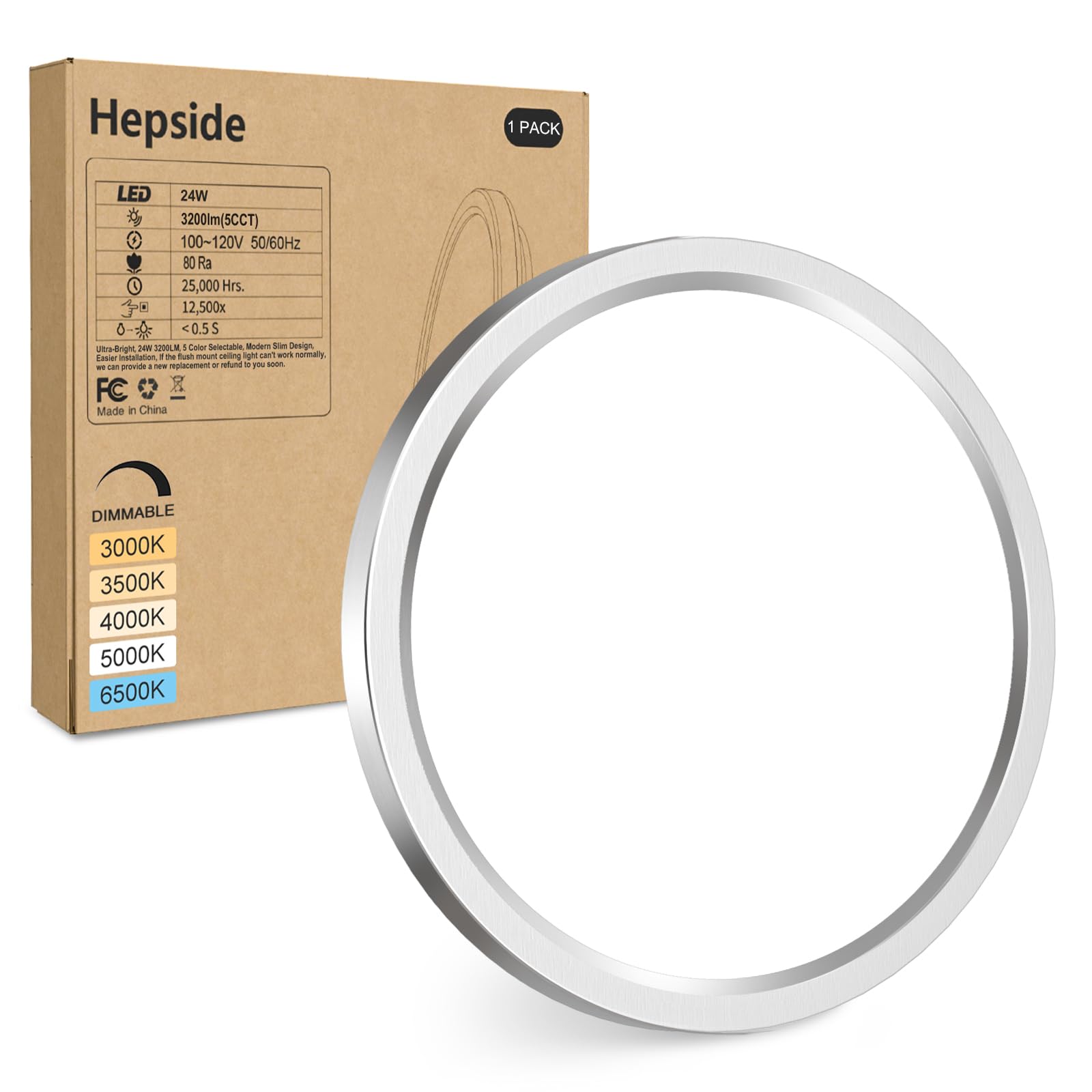 Hepside Led Flush Mount Ceiling Light Fixture Brushed Nickel, 12Inch 24W, Dimmable&3000K-6500K Adjustable Low Profile Ceiling Li