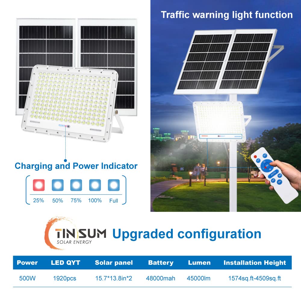 TINSUM 500W Solar LED Flood Lights, 30000 Lumens Dusk to Dawn Outdoor Security Lighting for Parking Lots, Stadiums, Yards, and Pools - White