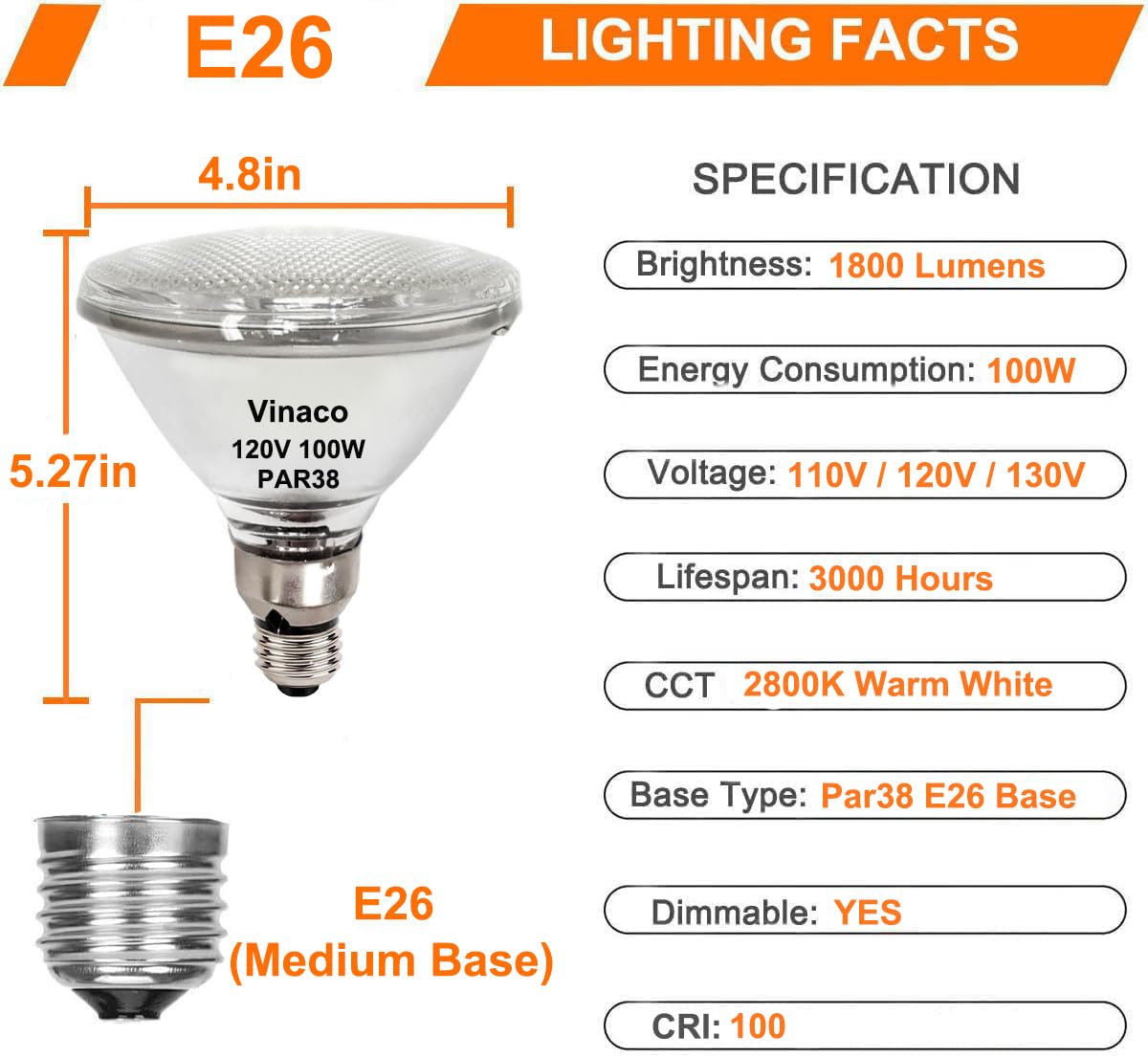 Vinaco PAR38 Halogen Flood Light Bulbs, 100W, Dimmable, Warm White 2800K, 4 Pack, E26 Base for Indoor/Outdoor Use