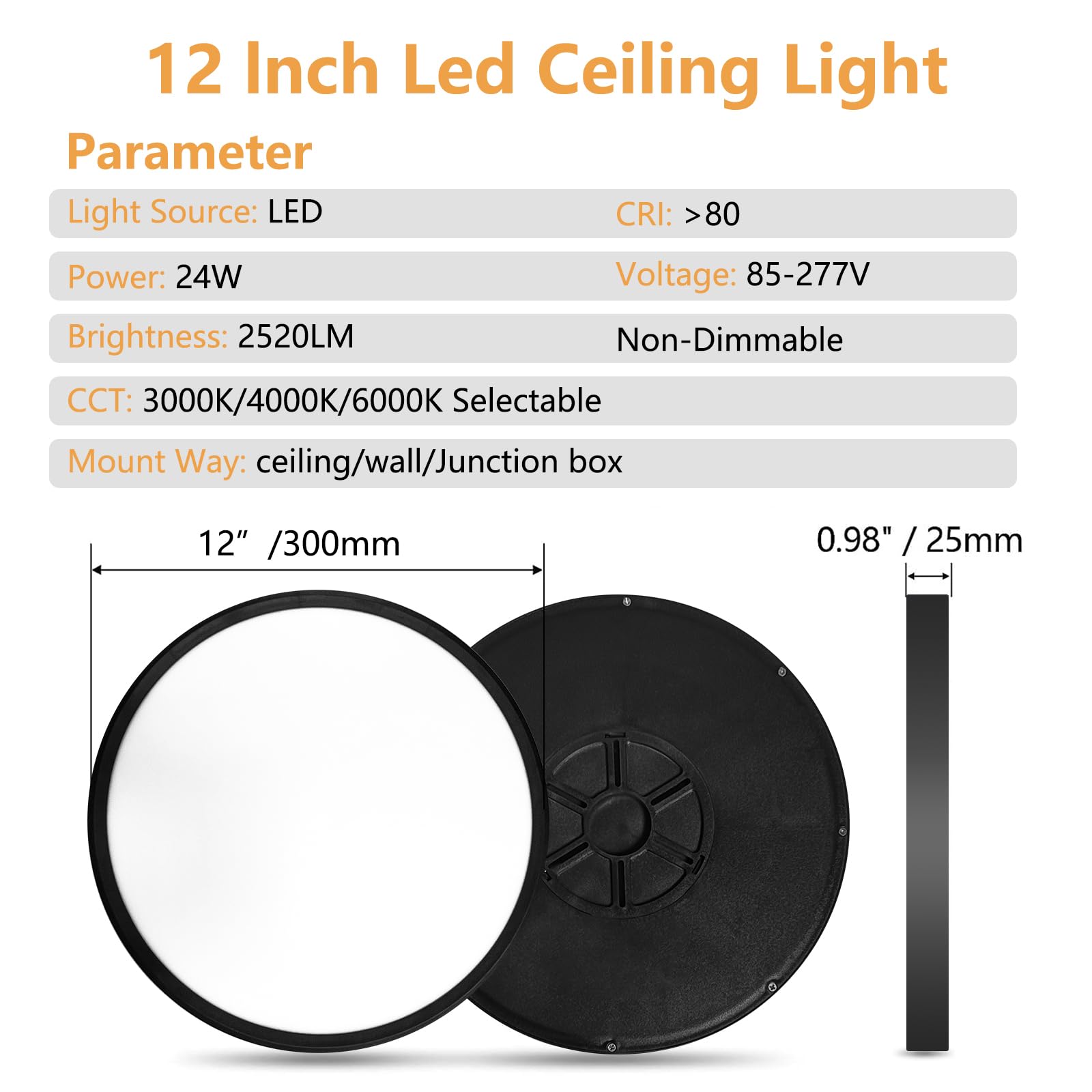 Offiy 4Pk 12 Inch Led Flush Mount Ceiling Light, 24W, 2520Lm, 3000K/4000K/6000K Cct Selectable Super Slim Led Ceiling Light, Clo