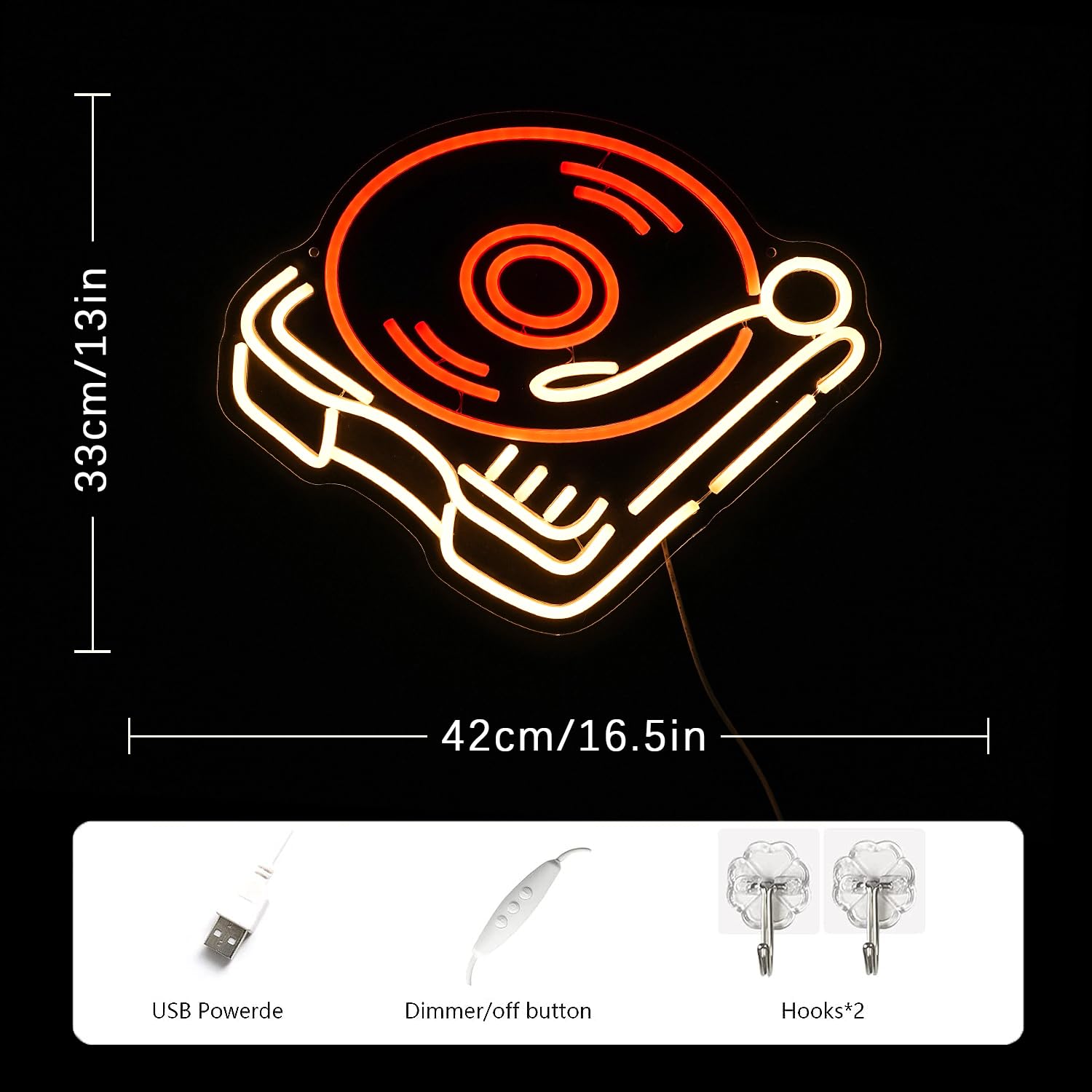 LMSIGNLY Neon Record Player Sign - Retro Music Studio Decor - Red & Warm Plastic Light for Bedroom and Bar