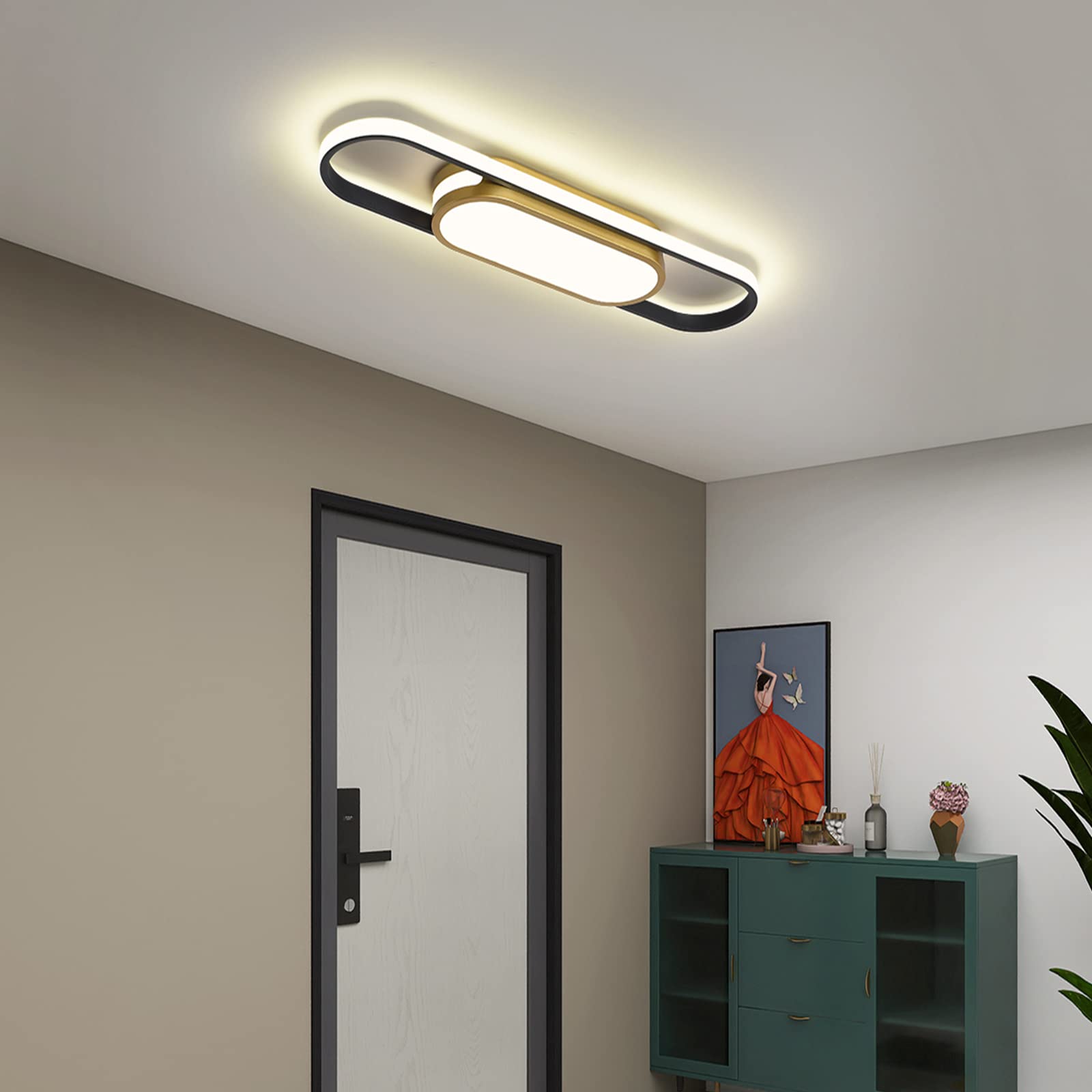 Tioolo Modern LED Flush Mount Ceiling Light, Dimmable 40W, Acrylic, White+Gold, Remote Control, 2.3ft, for Living Room/Kitchen/Bedroom