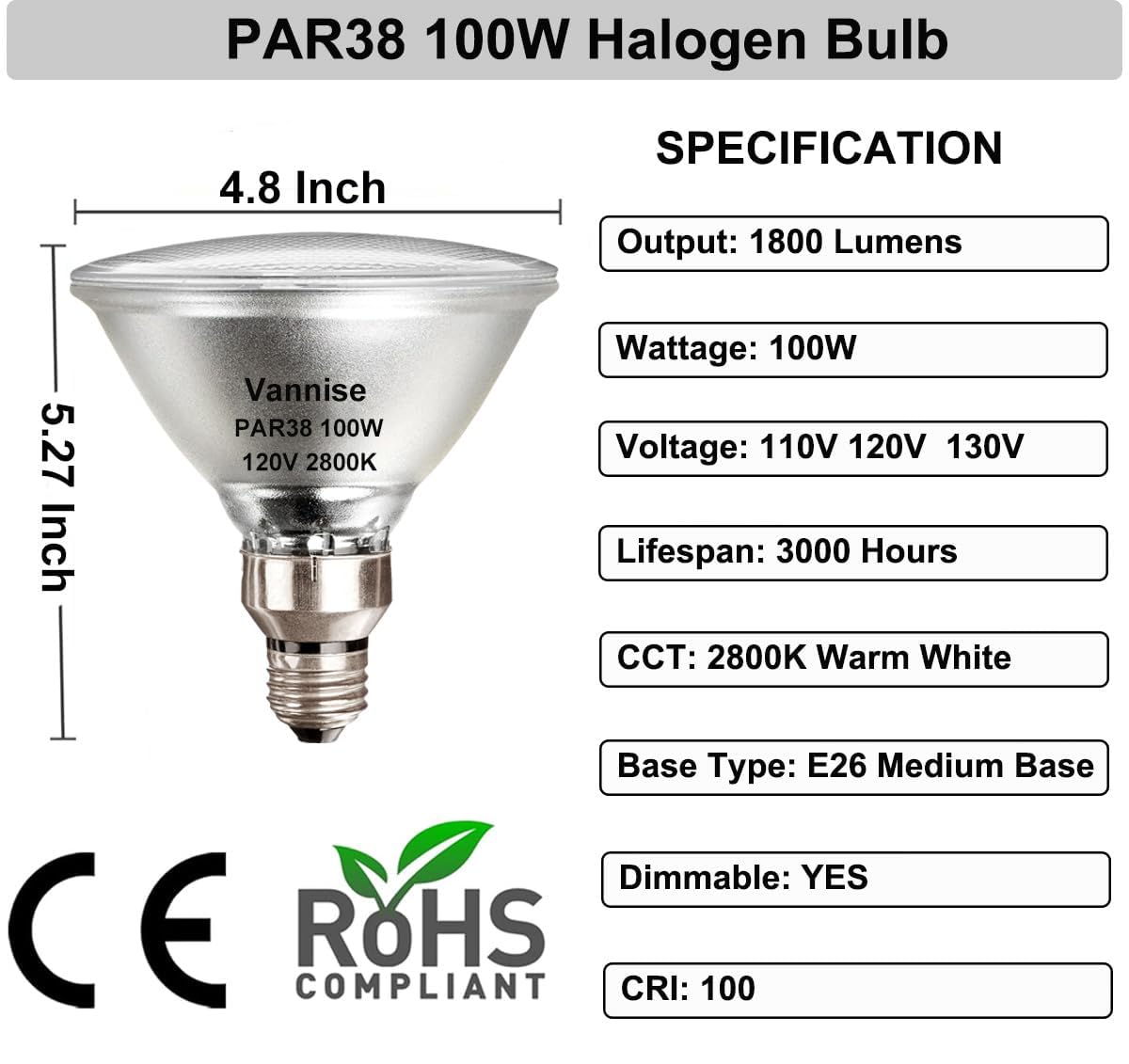Vannise 2 Pack Par38 Halogen Flood Light Bulbs, 100W 120V, Warm White 2800K, 1800Lm, Dimmable With E26 Base, Long Lasting Outdoo