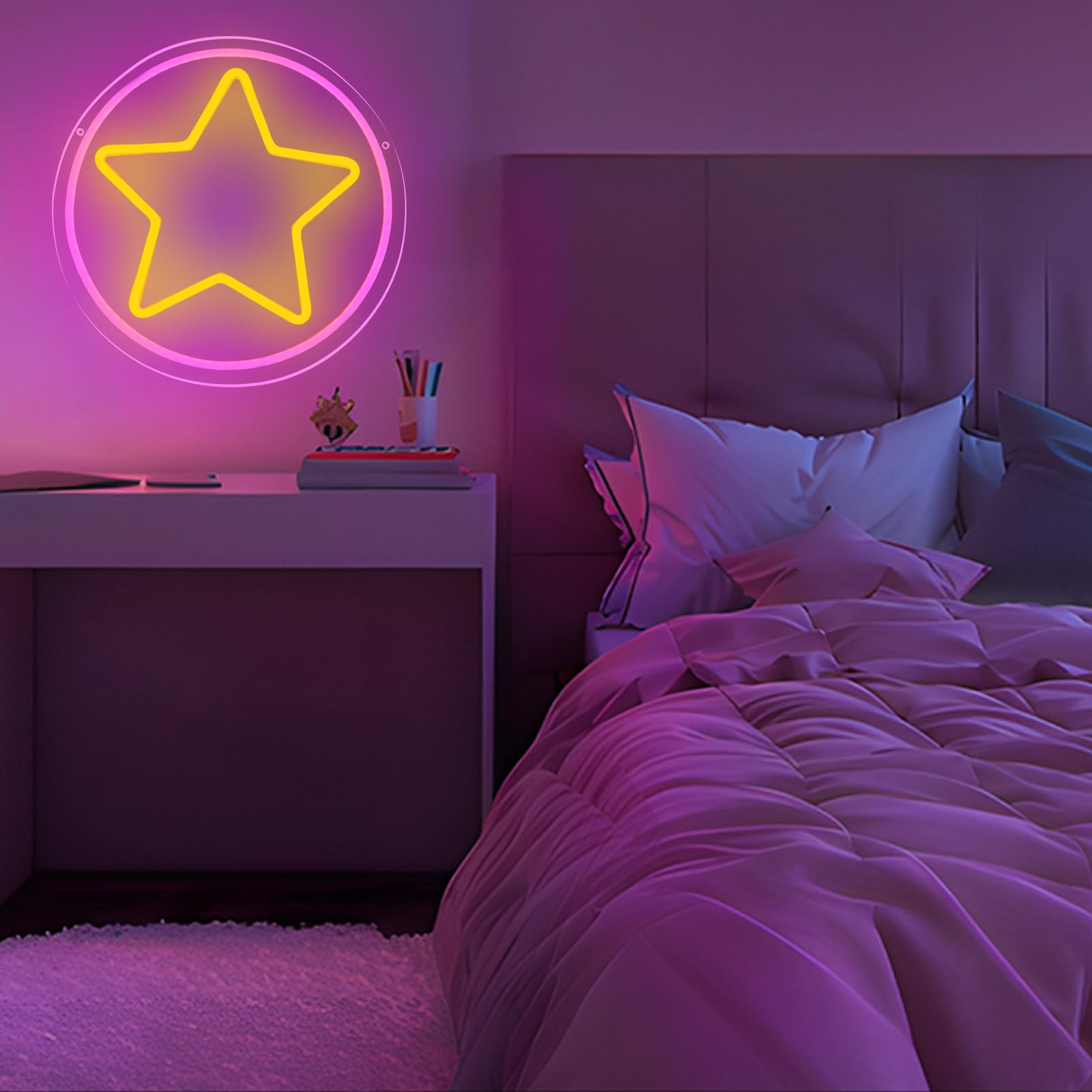 FUENDKF Star Neon Sign - Pink LED Wall Decor with Dimmer, 30x30 inches, Perfect for Birthday Gifts and Man Cave Decor