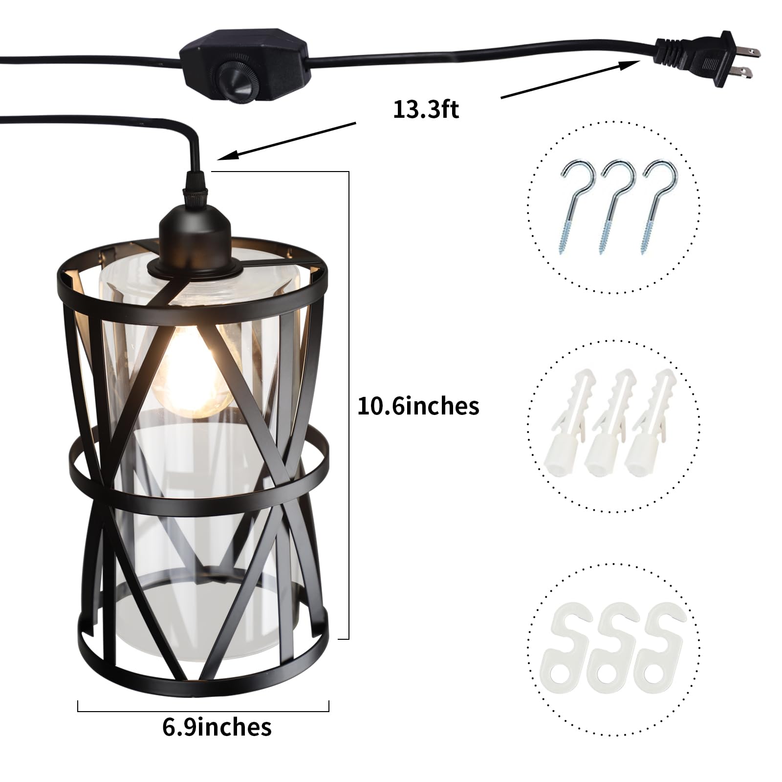 Dllt Industrial Plug In Pendant Light, Black Cage Glass Swag Lamp With Plug In Cord, Dimmable Hanging Light Fixtures For Kitchen