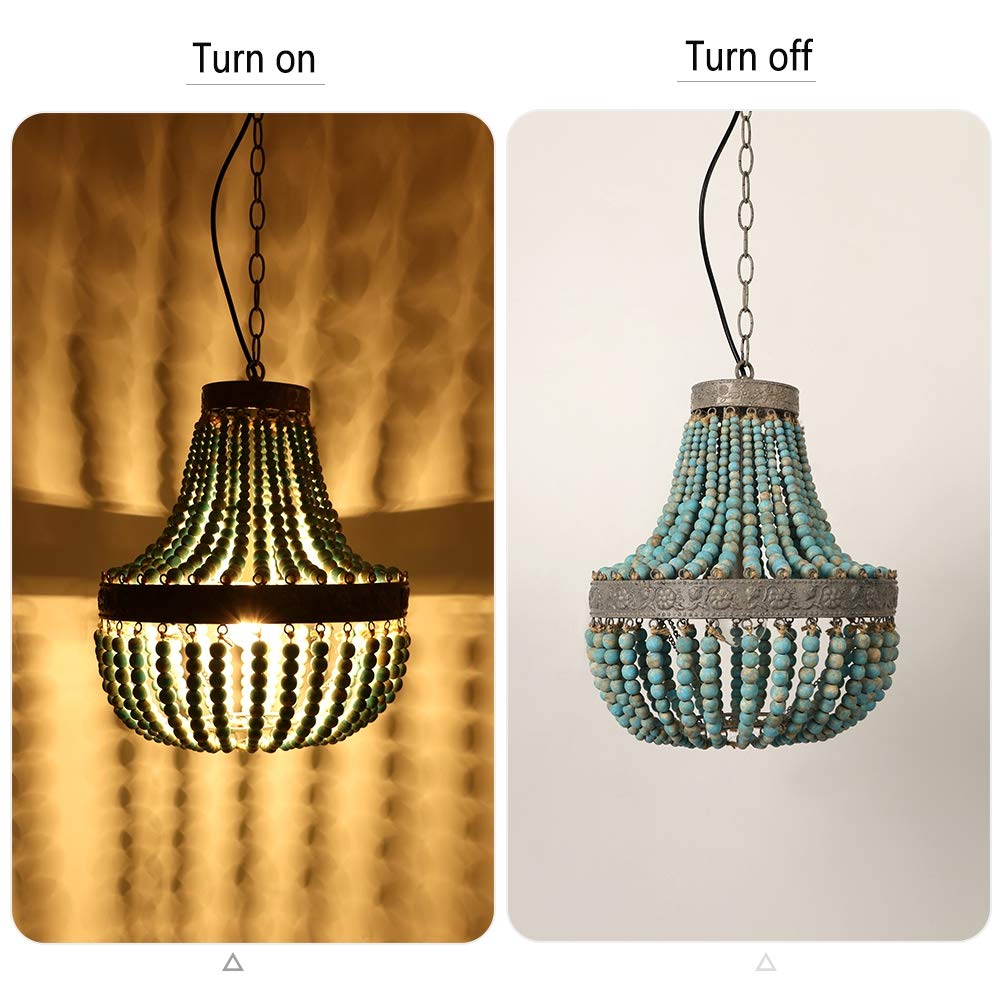 Newrays Wood Bead Chandelier Pendant Light, Gray Blue, 13.58"x15.74", Retro Vintage Rustic Ceiling Lamp Fixture