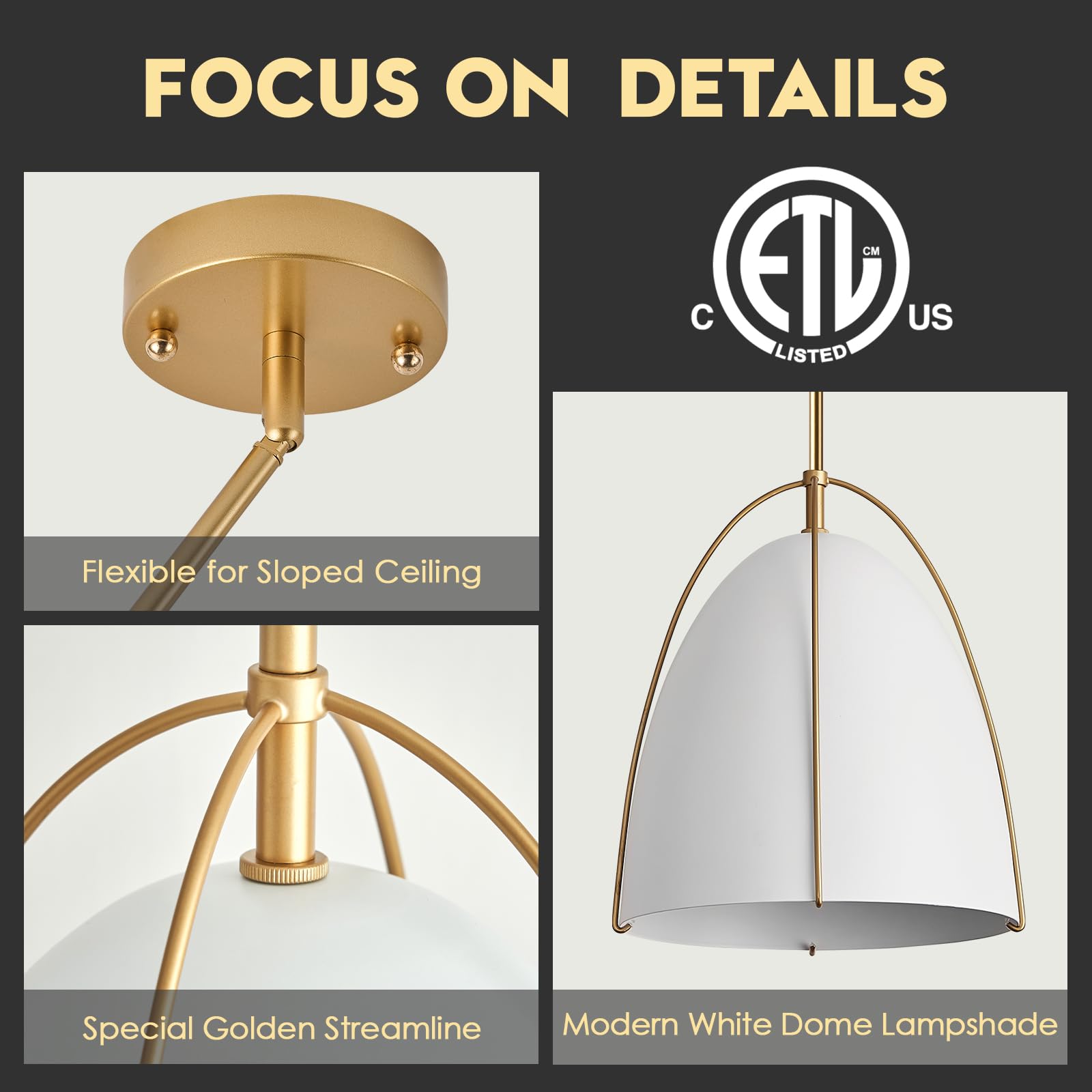 Fookchak White Gold Pendant Light 3-Light Large Pendant Light Fixture 12In Dome Kitchen Pendant Lighting For Kitchen Island Dini