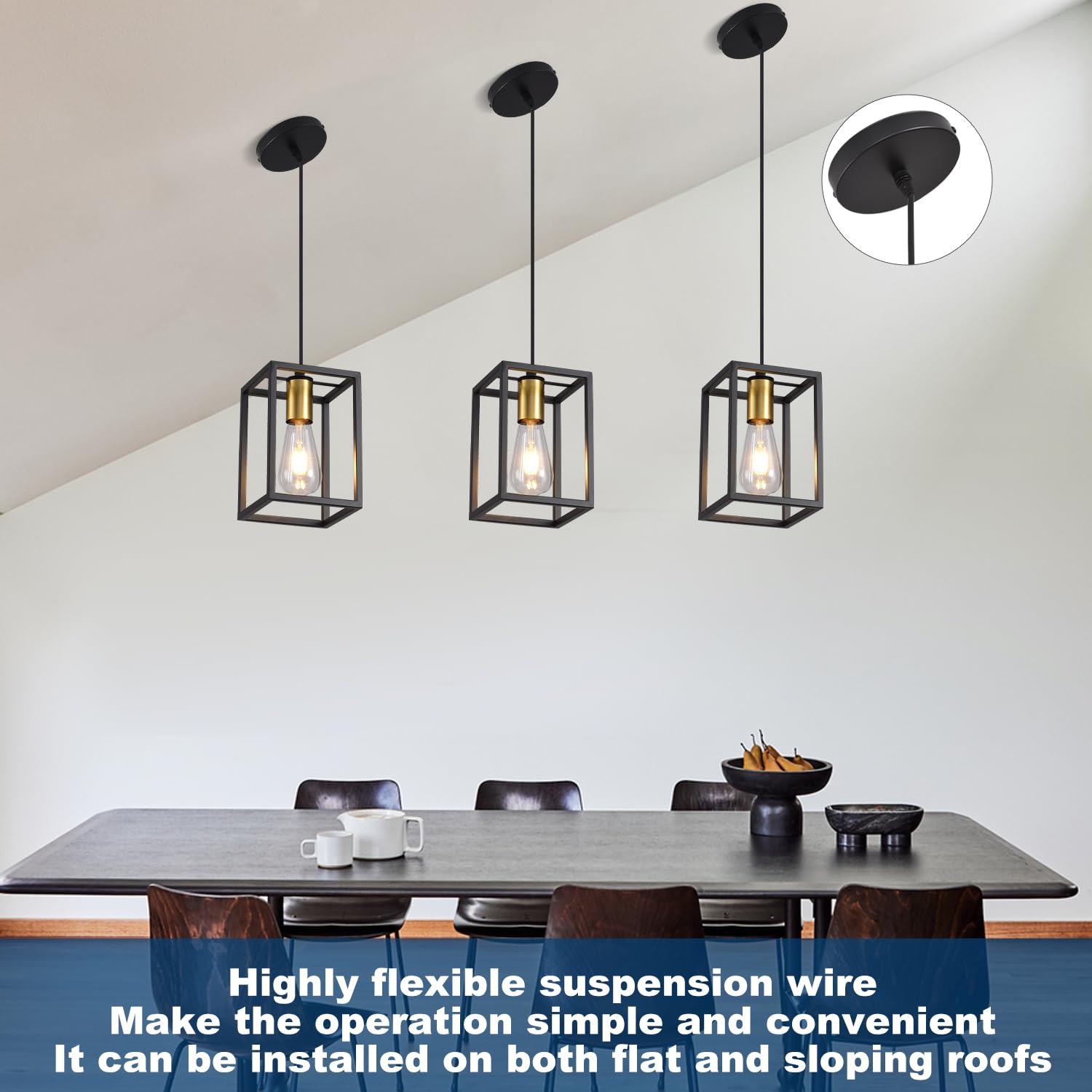 Aojunsansan Black Pendant Lights For Kitchen Island Industrial Lantern Pendant Light Fixtures With Golden Lamp Cup  Farmhouse Adjustable Height Hanging Pendant Lighting