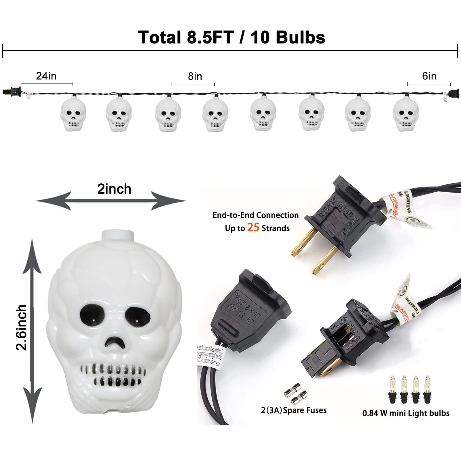 Doratale Halloween Skull String Lights, 8.5Ft, Plastic, 10 Ghost Heads, Connectable, Black Wire