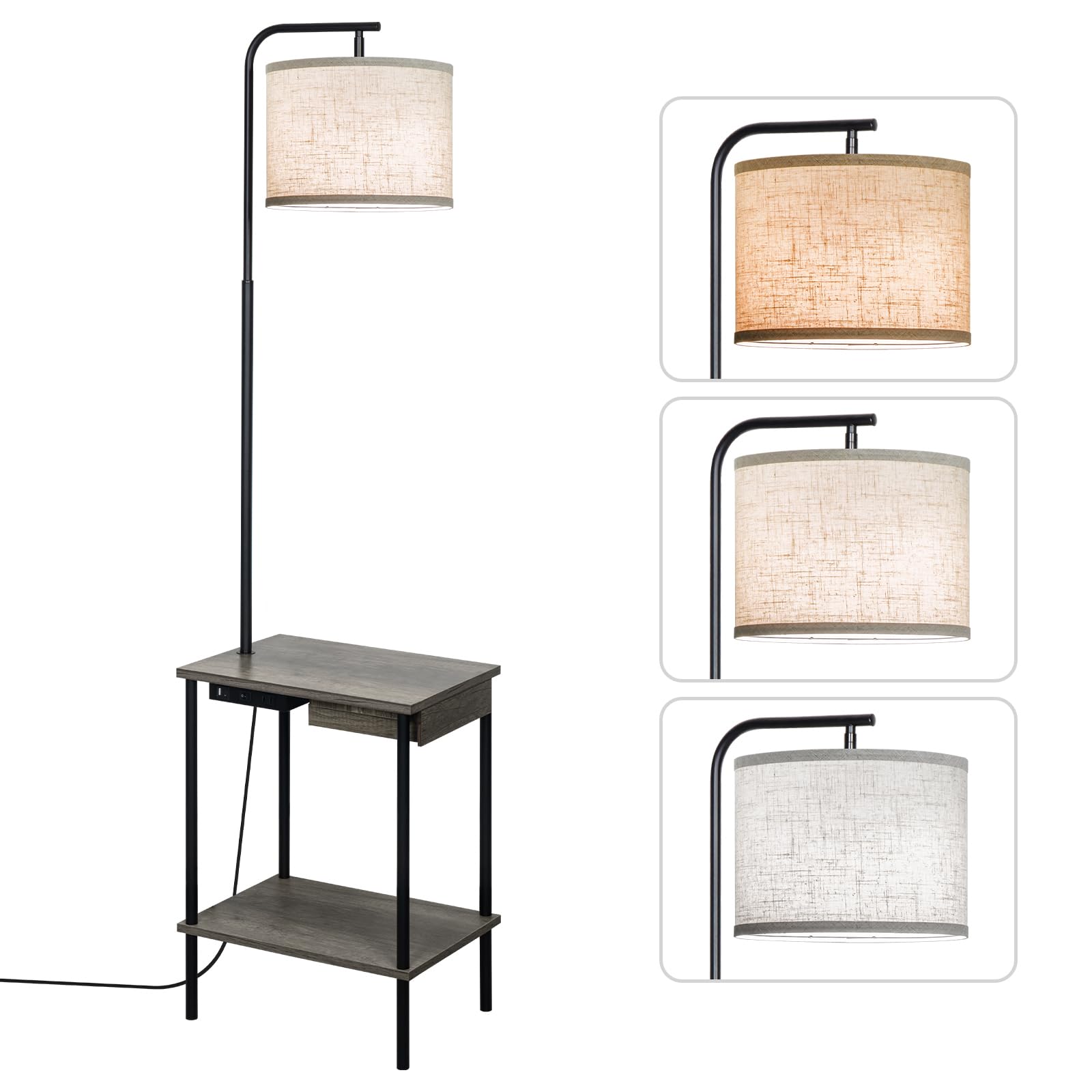 EOEYYOYB Floor Lamp with USB Charging Port, Gray End Table with Drawers, 3 Color Temperature LED Bulb Included