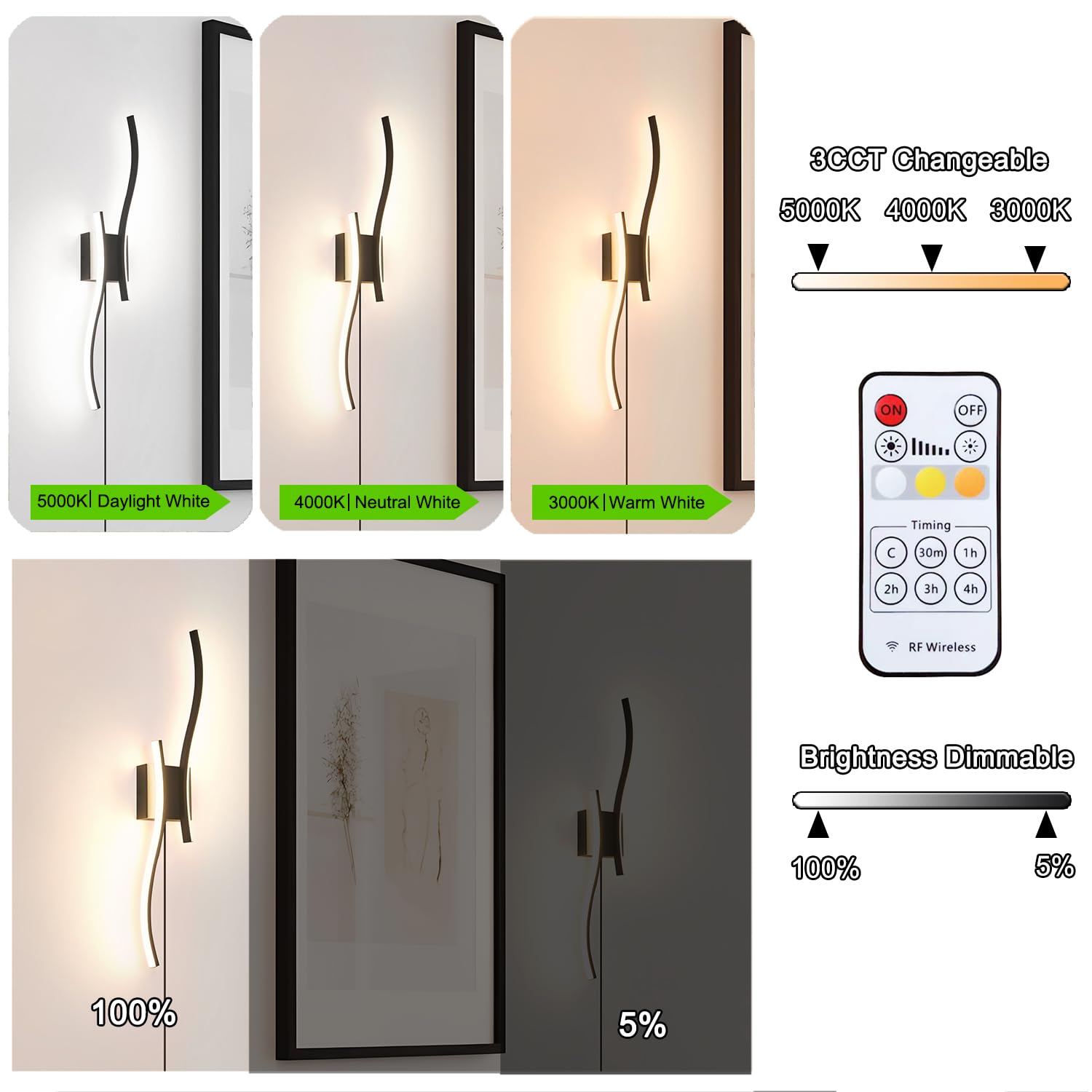 Daunton Modern Plug In Wall Sconce Set Of 2  Black Dimmable Led Wall Light With Remote Control  3Cct Adjustable & Memory Function  Timer  Plug In Cord Wall Lamp For Tv Wall Living Room Hallway Bedroom