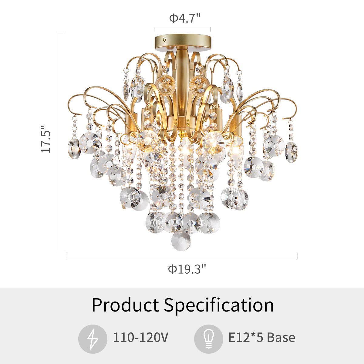 Wuzups Gold Crystal Chandelier Flushmount Ceiling Light, 17.5&quot; H X 19.3&quot; W, E12