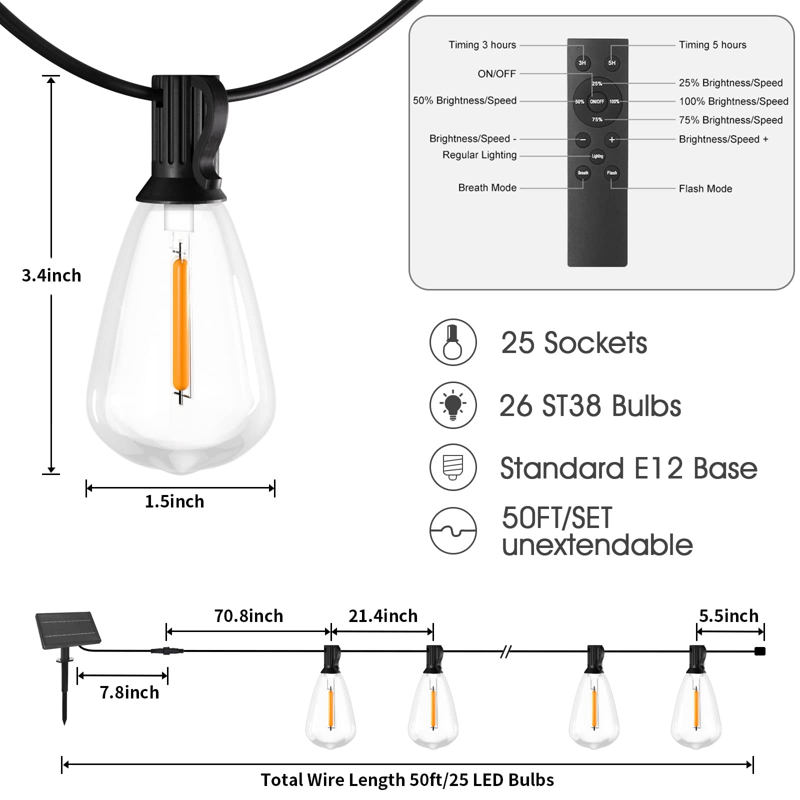 Rtty Solar String Lights Outdoor Waterpoof 50Ft With 25Pcs Dimmable Shatterproof St38 Vintage Bulb,Remote Solar Powered Bistro,C