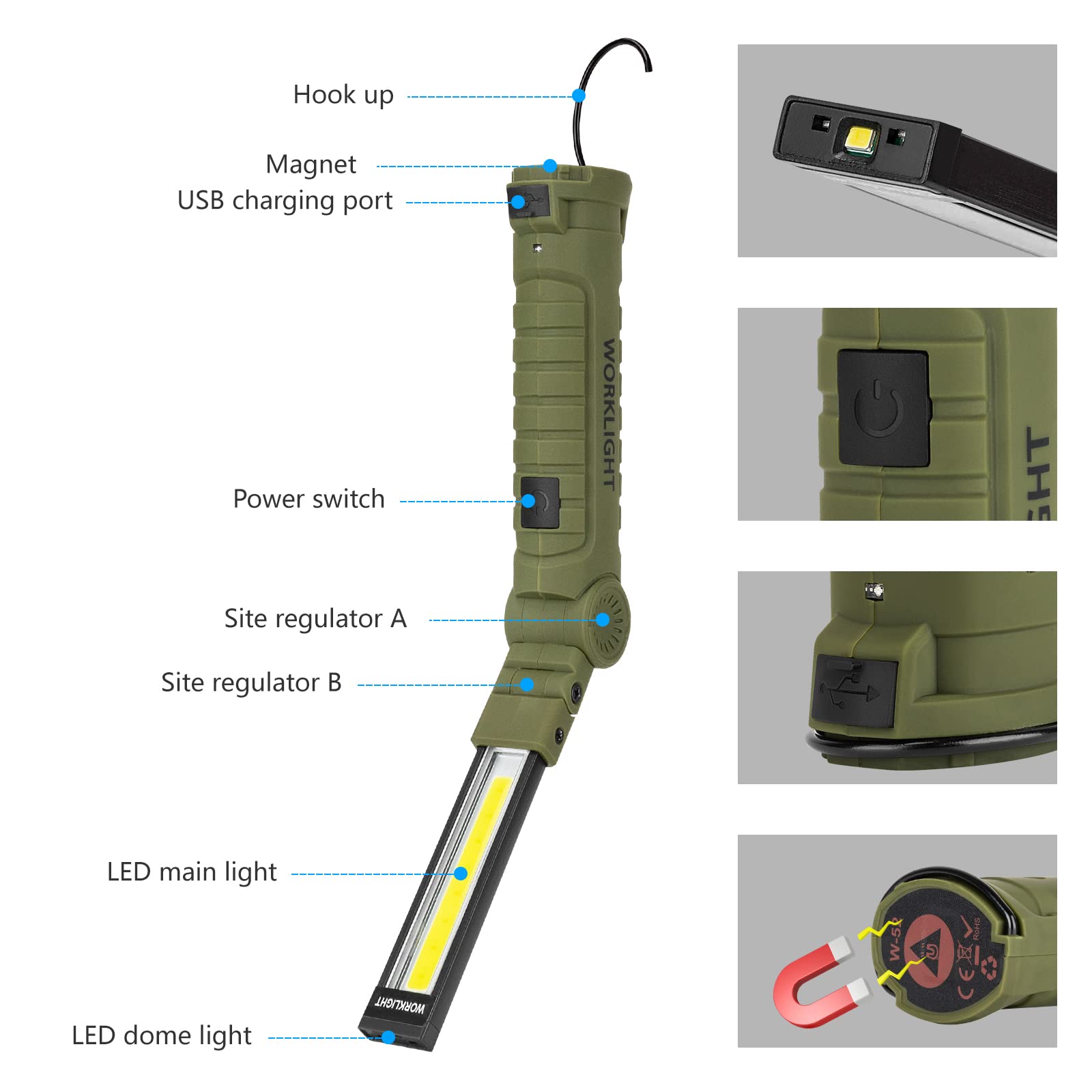 Lmaytech LED Work Light, COB Rechargeable, Magnetic Base, 360° Rotate, 5 Light Modes, 3 Pack, Green, ABS Material