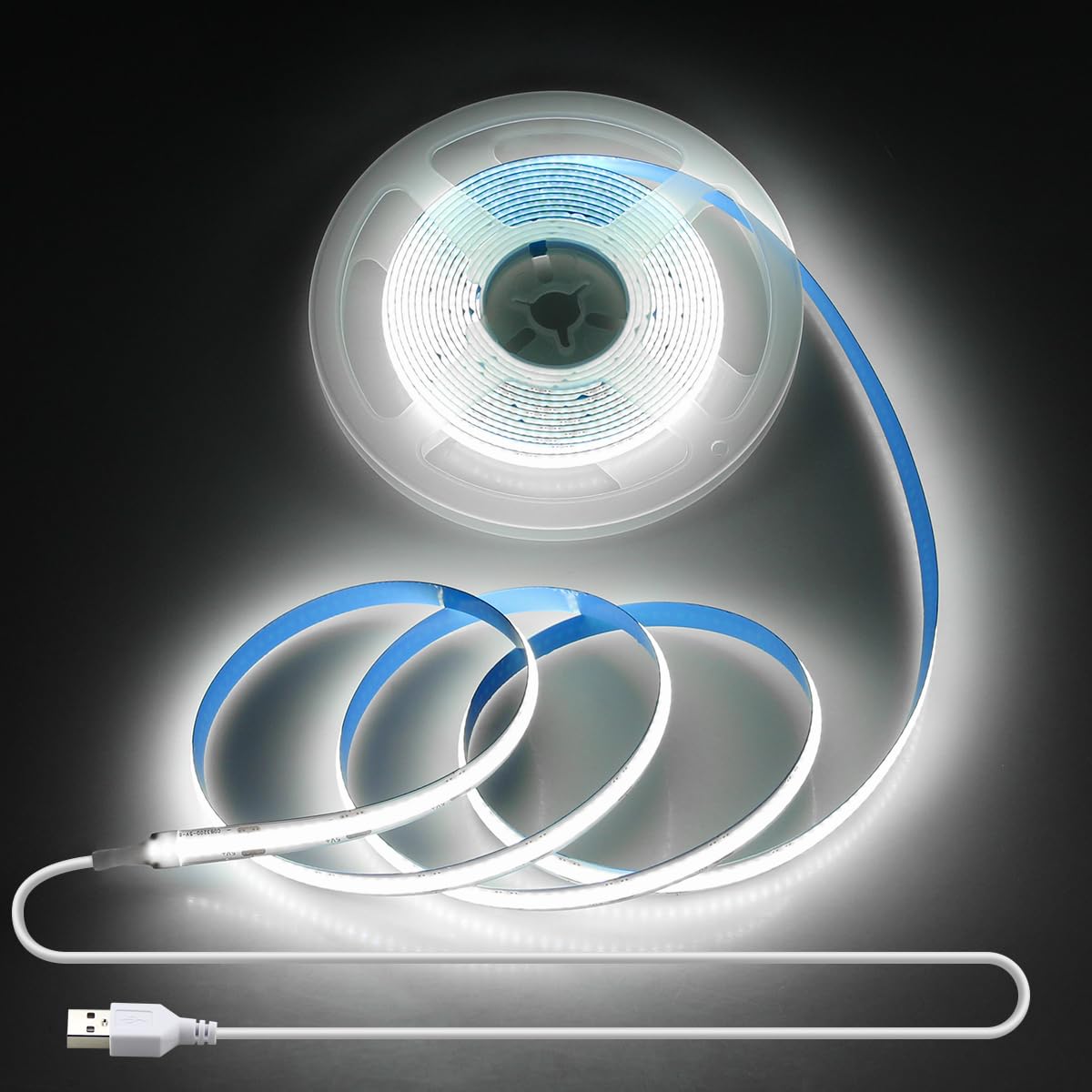 Aclorol 5V Cob Led Strip Lights 6000K Cold White Usb Led Strip Lights 10Ft For Bedroom 8Mm Width Flexible Rope Light For Kitchen Cupboard Wardrobe Staircase Counter Lighting Project 320Leds/M Cri85+