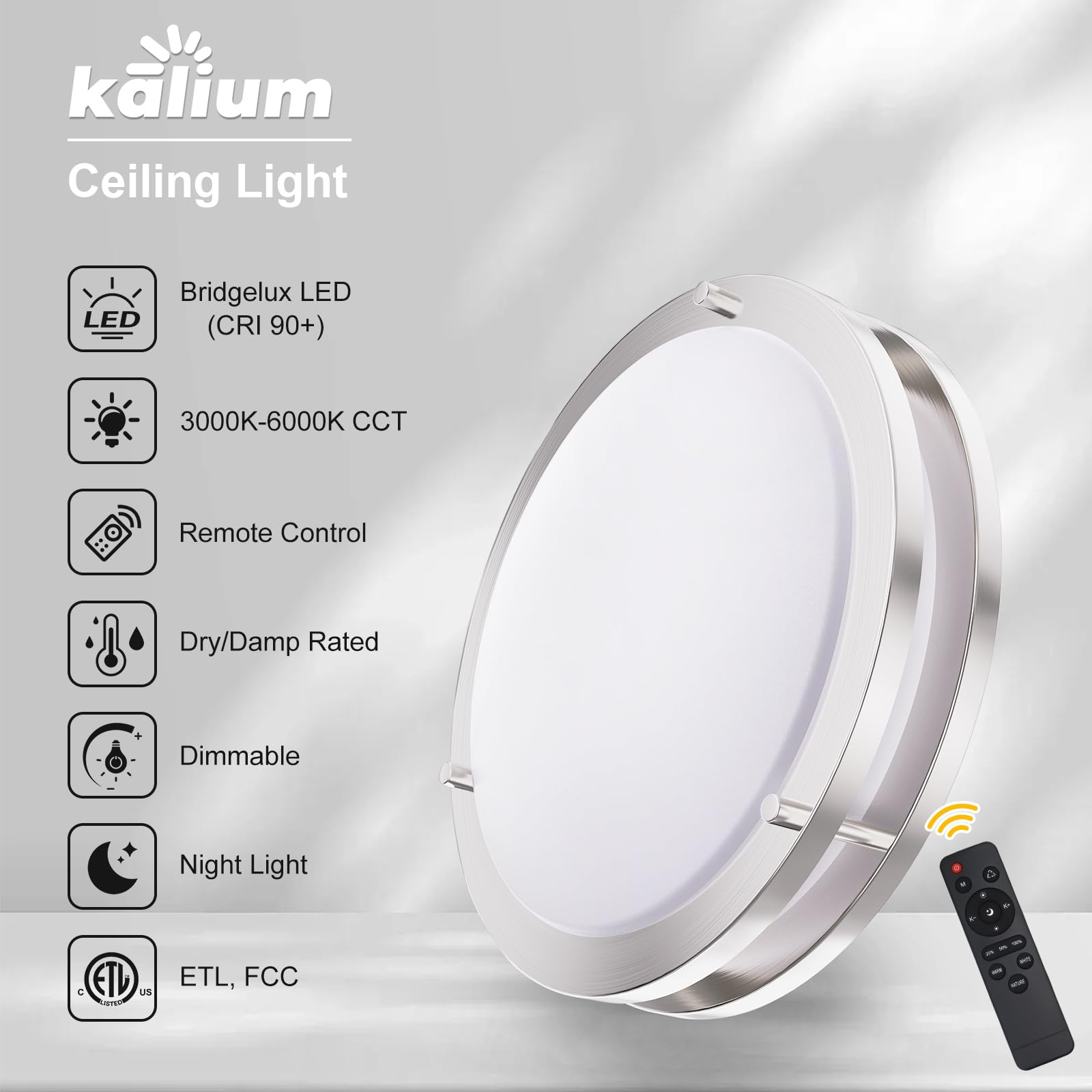 Kalium LED Ceiling Light Fixture, 14 Inch Dimmable, Adjustable 3000K-6000K, Brushed Nickel, Model CL, Hardwired for Kitchen/Bedroom