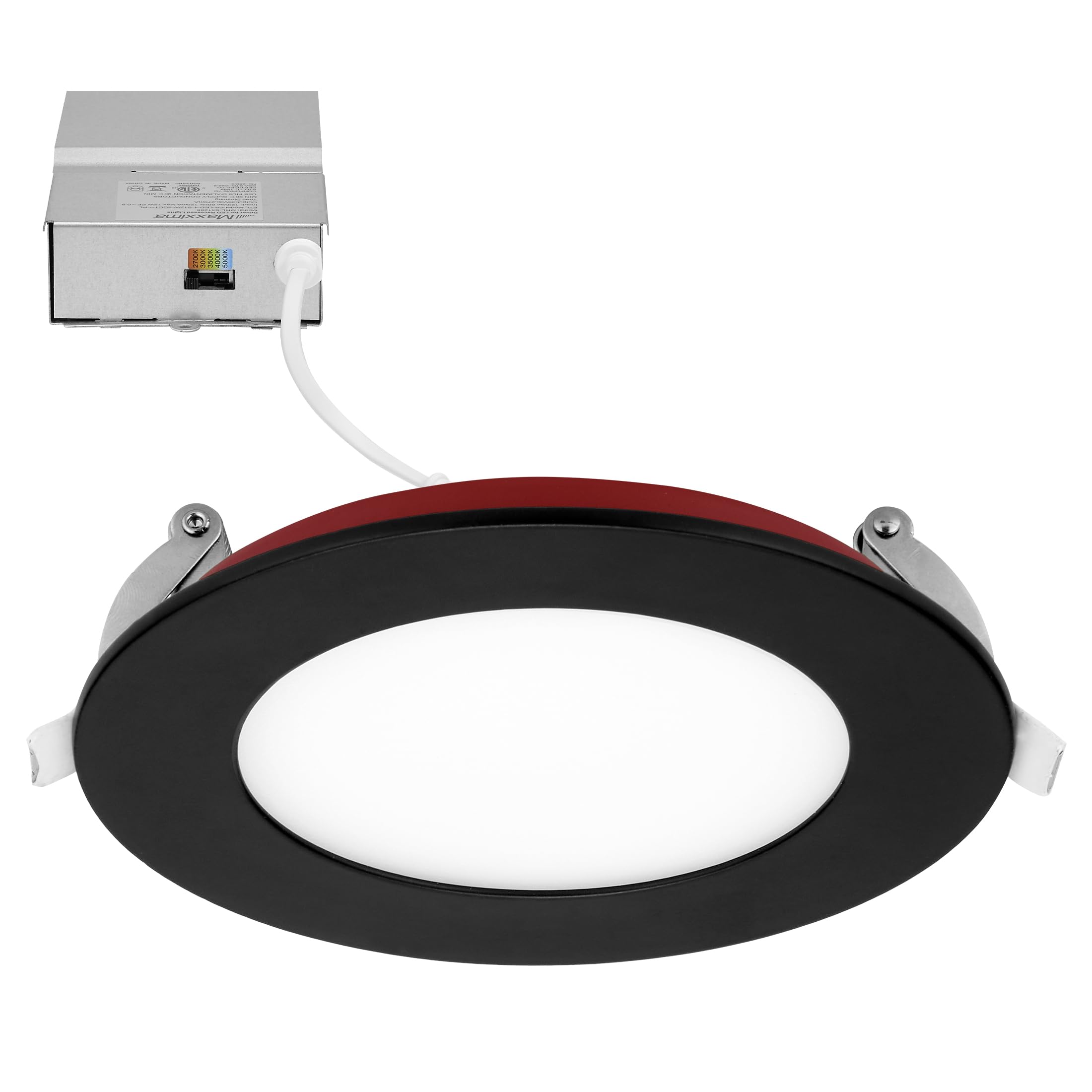 Maxxima 4 in. 2 Hour Fire Rated Ultra Thin Black LED Downlight, Slim Recessed Canless Light, IC Rated, 800 Lumens, 5 Color Tempe