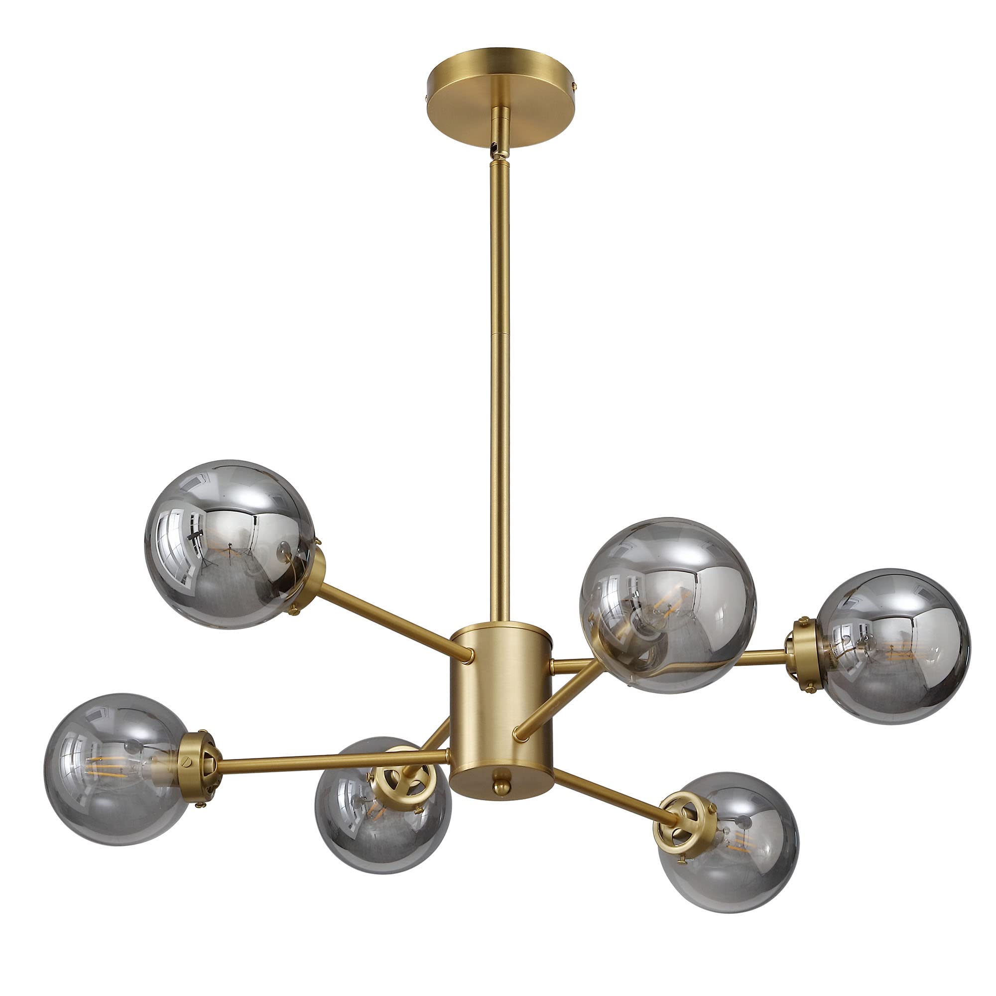 WINGBO 6-Light Sputnik Chandelier, Modern Pendant Light Fixture with 4.7" Smoked Gray Glass Globe Shade for Flat and Slop Ceiling, Height Adjustable for Kitchen Living Room Dining Room Bedroom, Gold