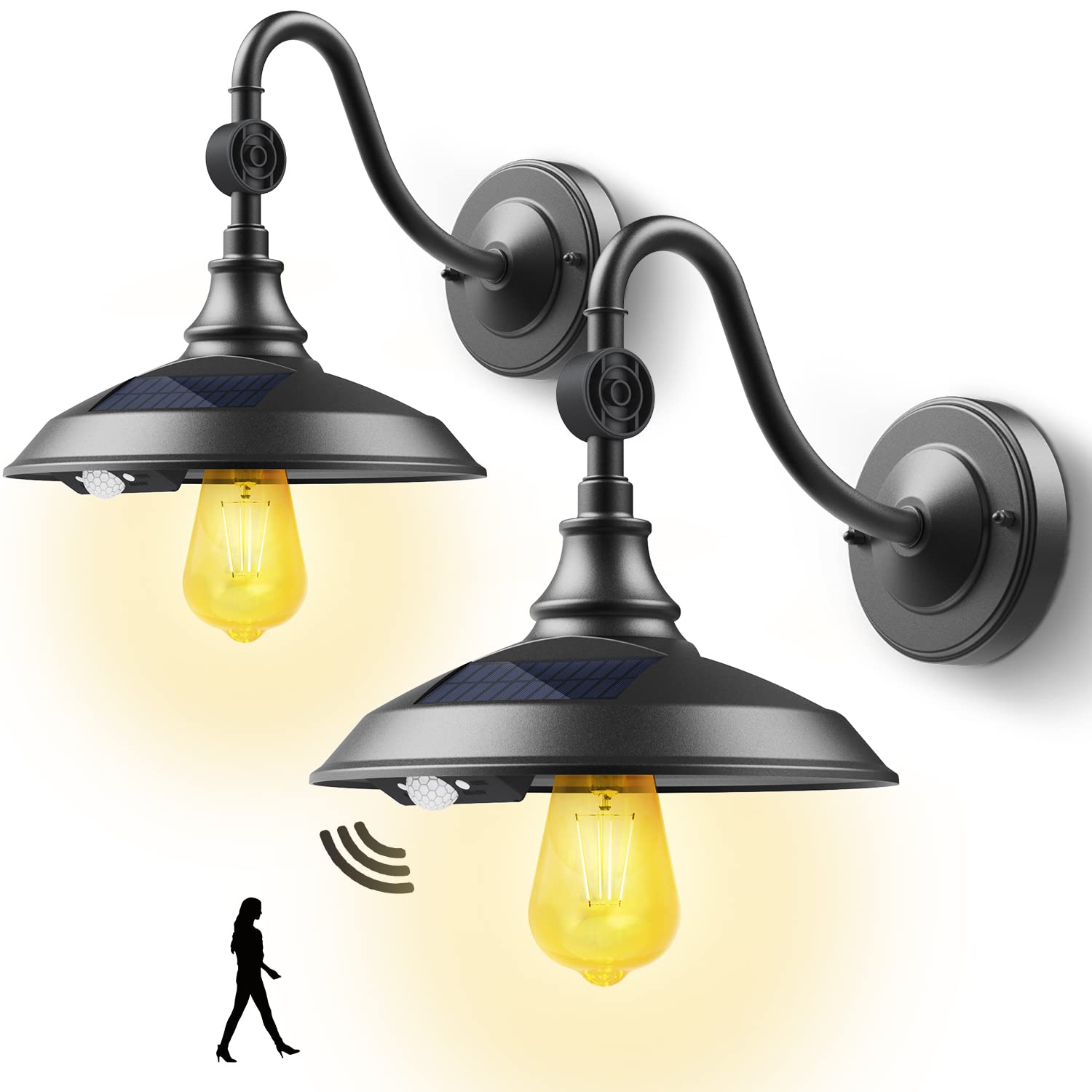 SIEDiNLAR Solar Barn Light Outdoor, Aluminum Gooseneck Wall Light, Waterproof, Motion Sensor, 2 Pack, Black, Model SD033B-2PK