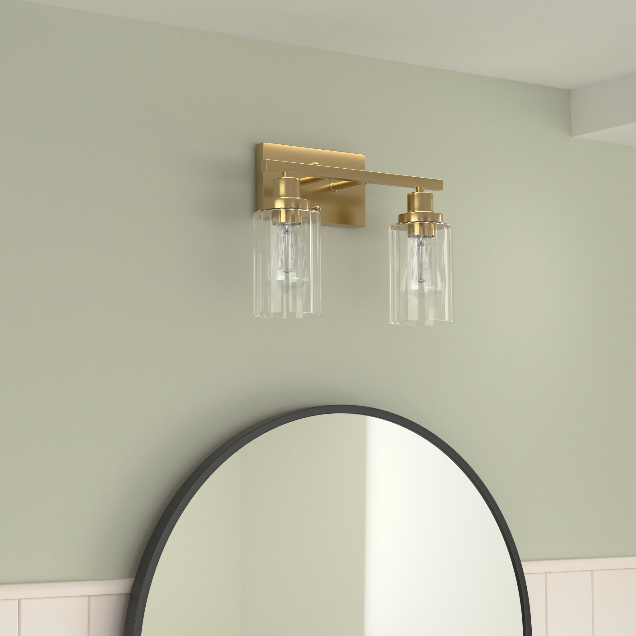 Jonsi Gold Bathroom Light Fixtures, 2 Light Brushed Gold Bathroom Vanity Lights With Fluted Glass Shade, Modern Gold Bathroom Lights Over Mirror, Vanity Lighting Fixtures, X003W-2Agb