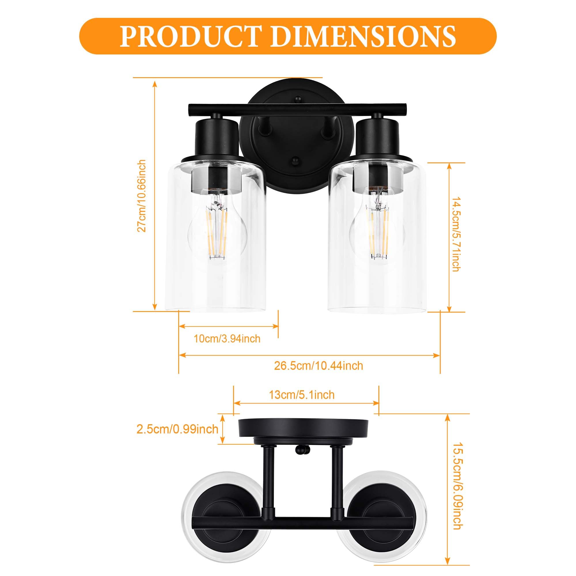 Faymart 2-Light Bathroom Vanity Light Fixture, Black Glass & Metal, Model 748327905263