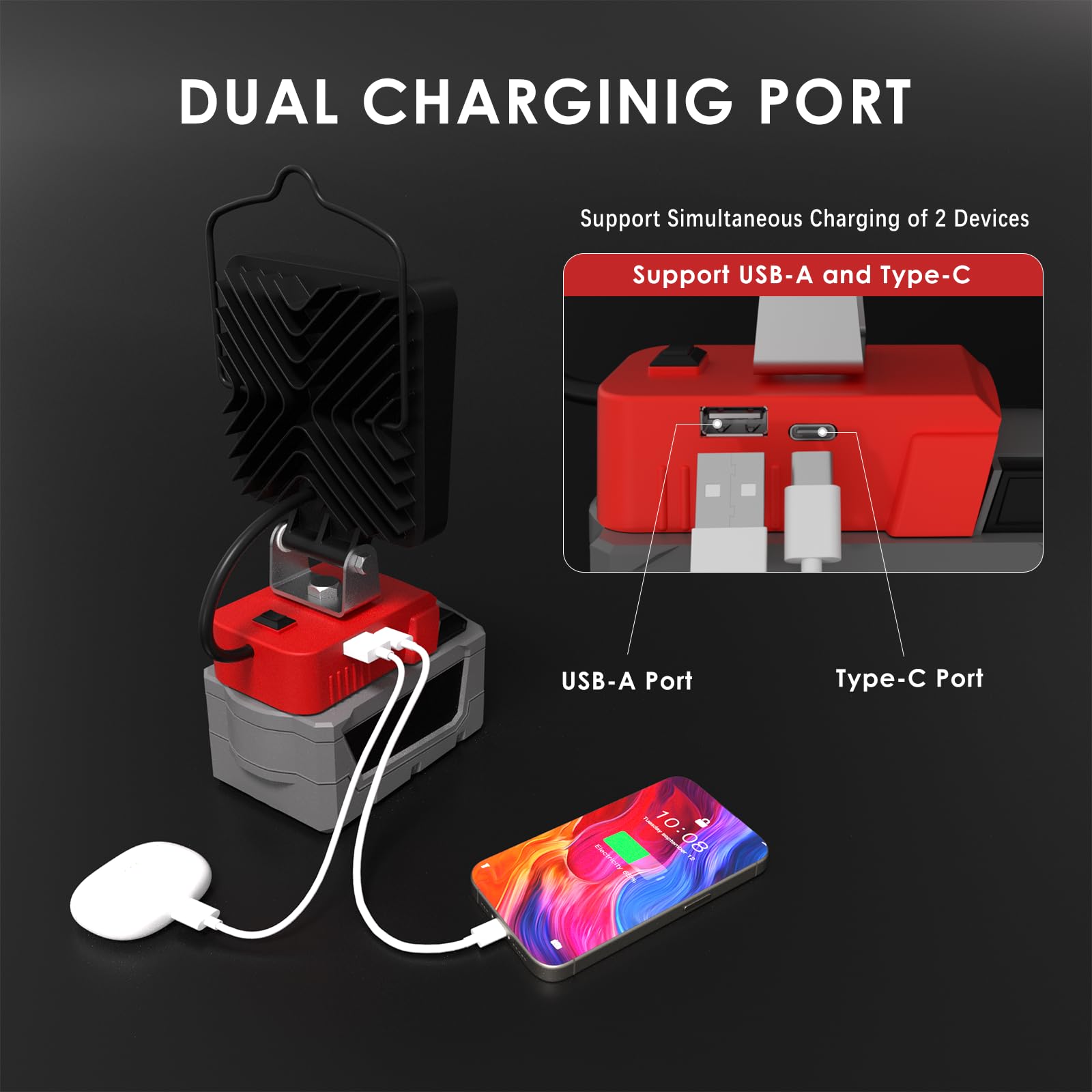 wokelux 76W 10000LM LED Work Light 2 Pack for Milwaukee M18, Cordless with USB/Type-C Charging, Metal Construction