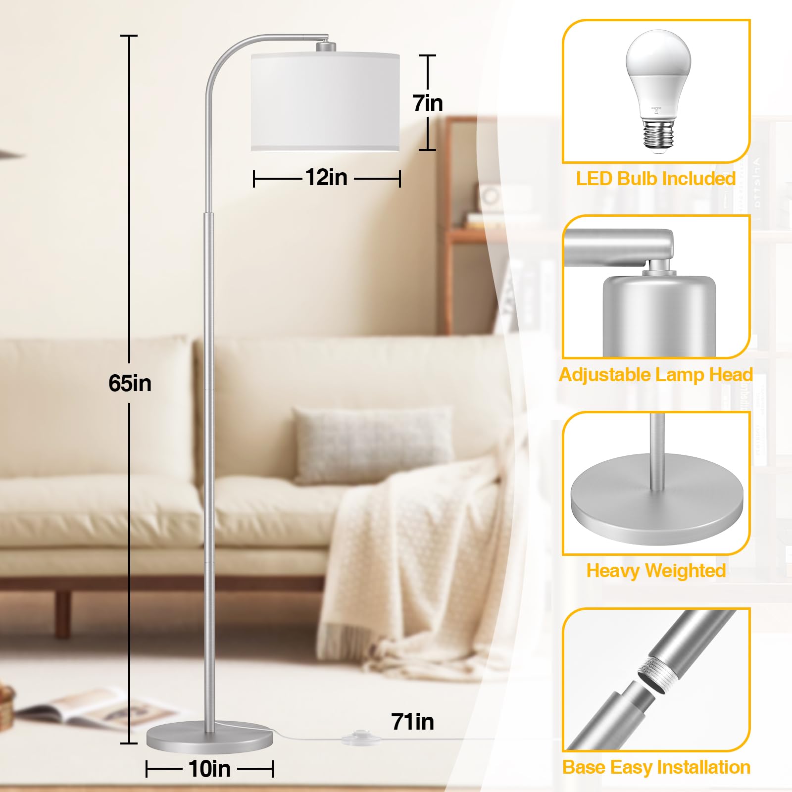 Cnxin Arc Floor Lamps For Living Room With 3 Color Temperatures, Modern Floor Lamp Reading Light With 9W Bulb Included, Standing